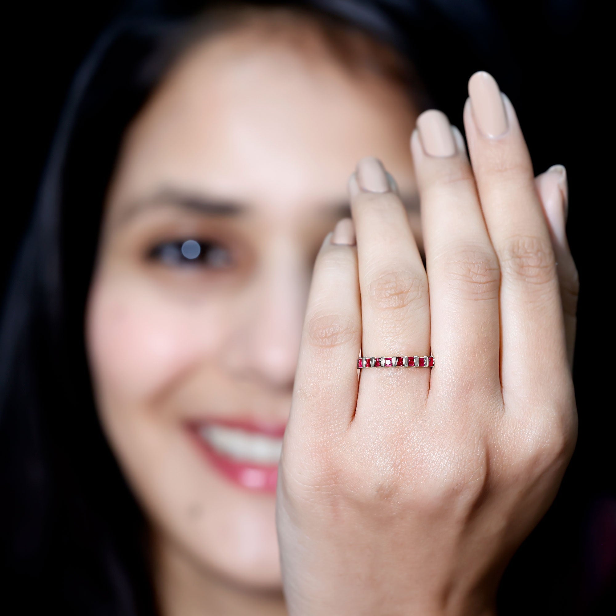Princess Cut Ruby Semi Eternity Ring in Bar Setting
