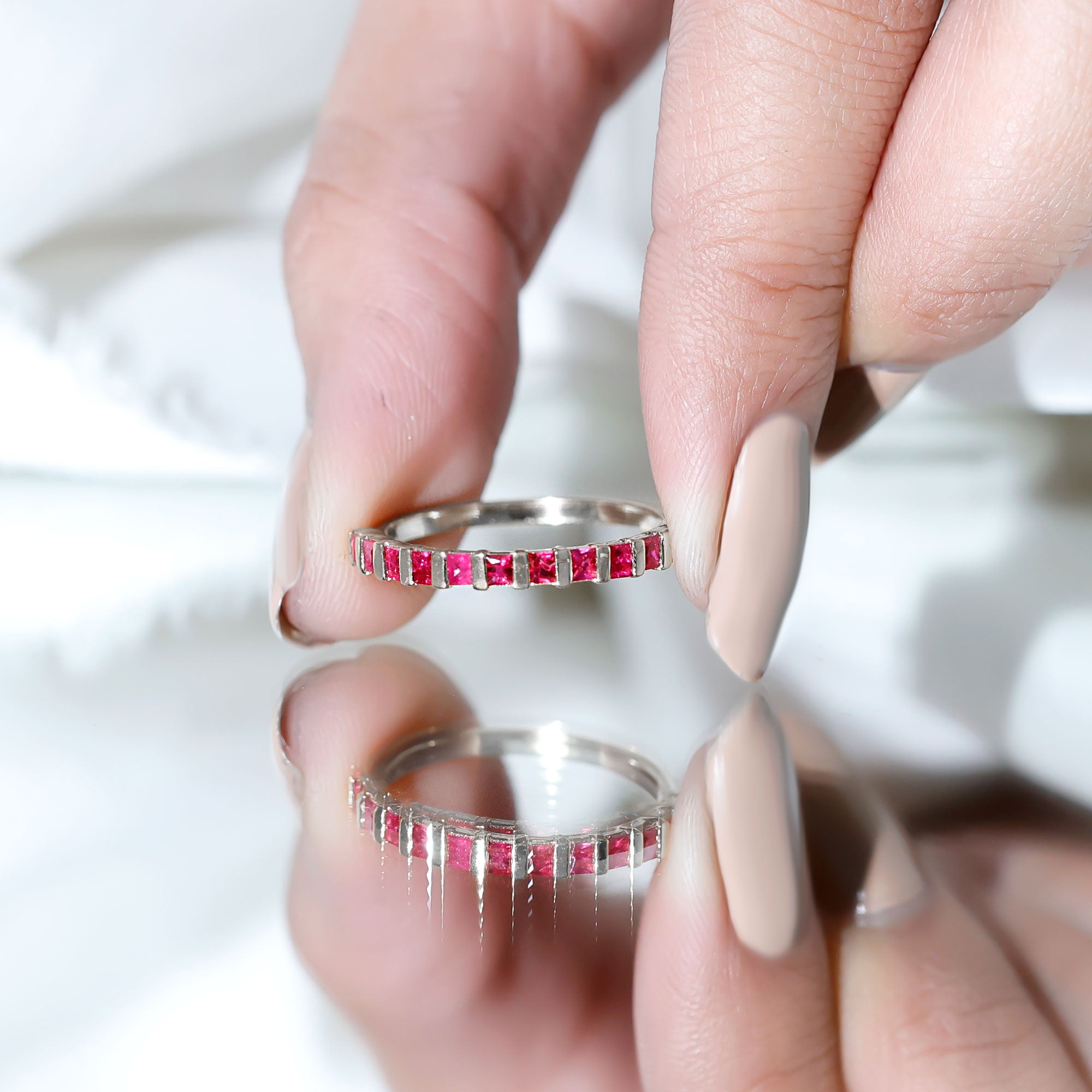 Princess Cut Ruby Semi Eternity Ring in Bar Setting