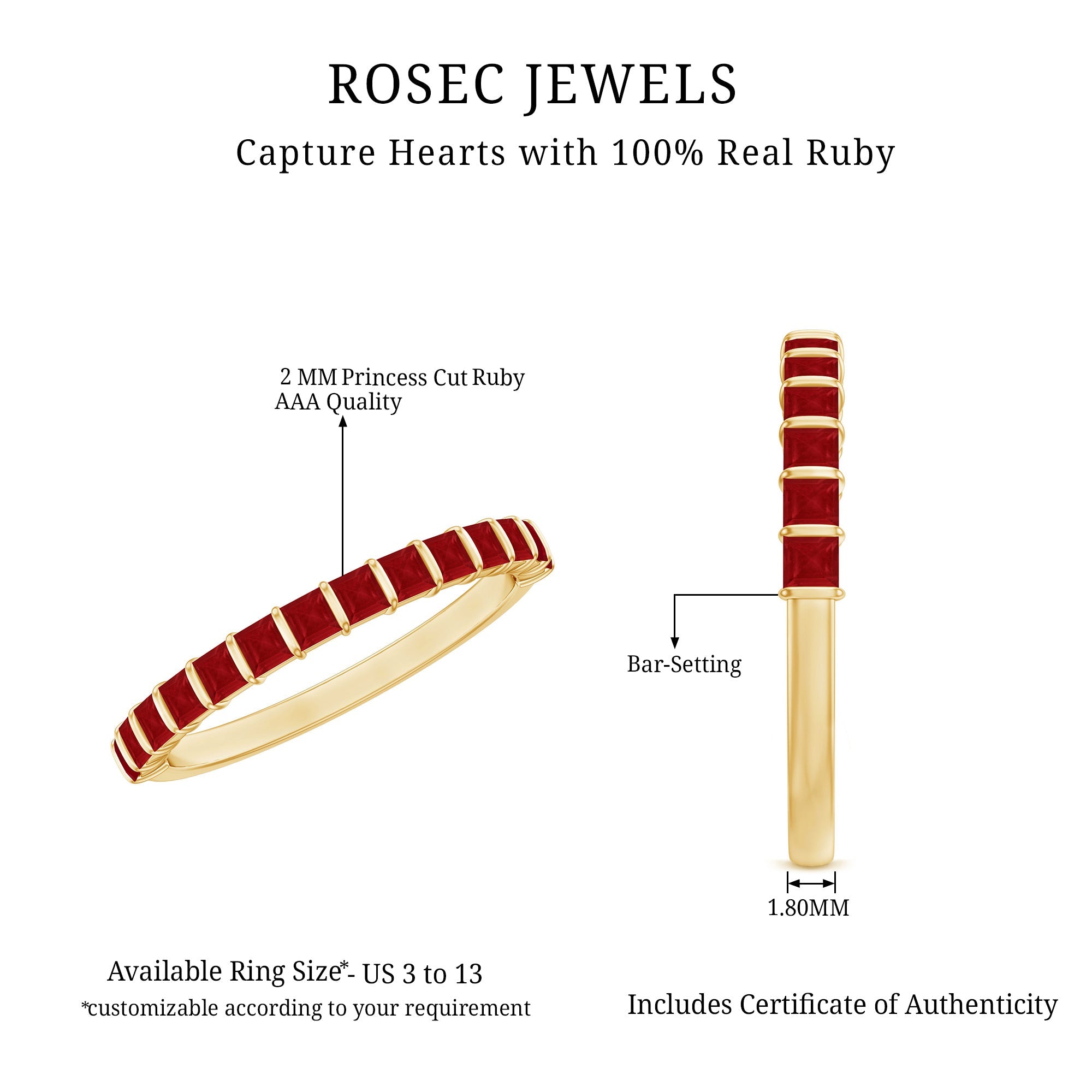 Princess Cut Ruby Semi Eternity Ring in Bar Setting