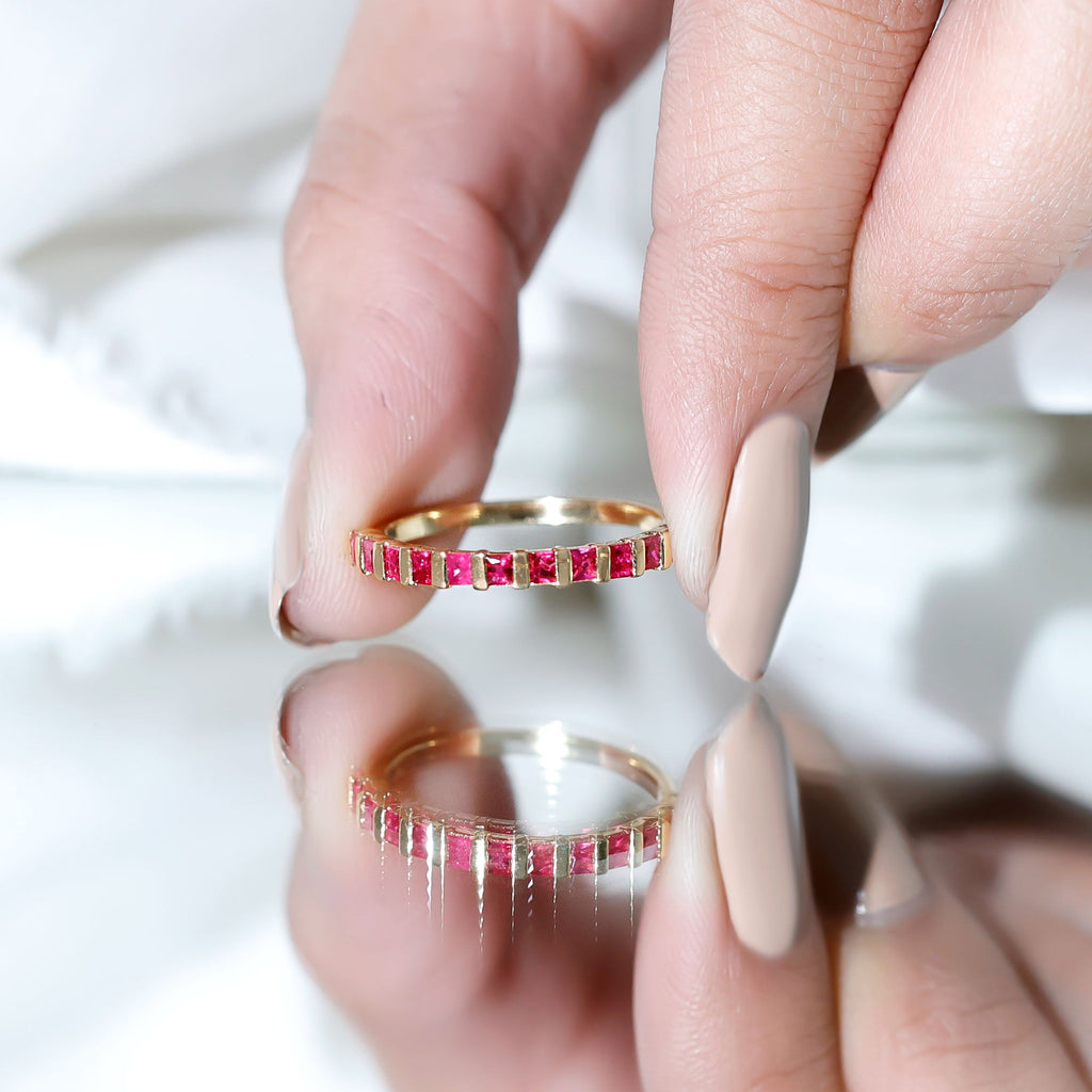 Princess Cut Ruby Semi Eternity Ring in Bar Setting