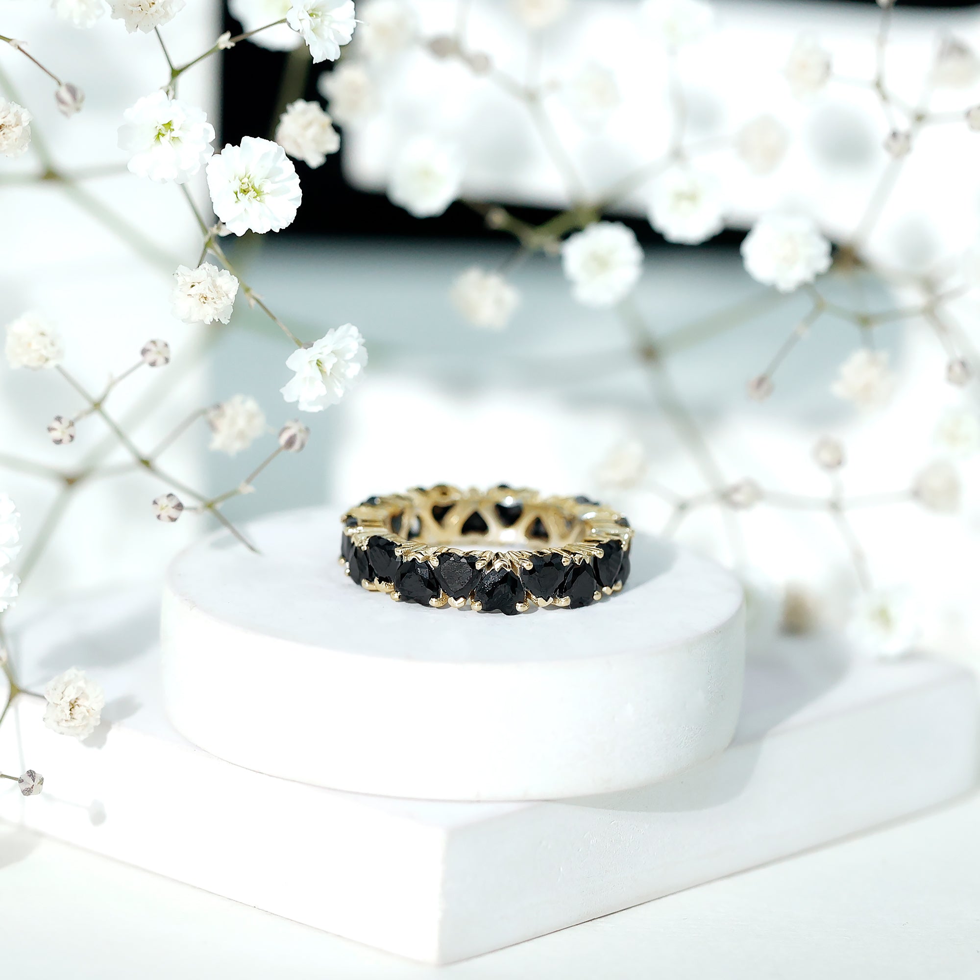 Heart Shaped Black Onyx Eternity Wedding Band