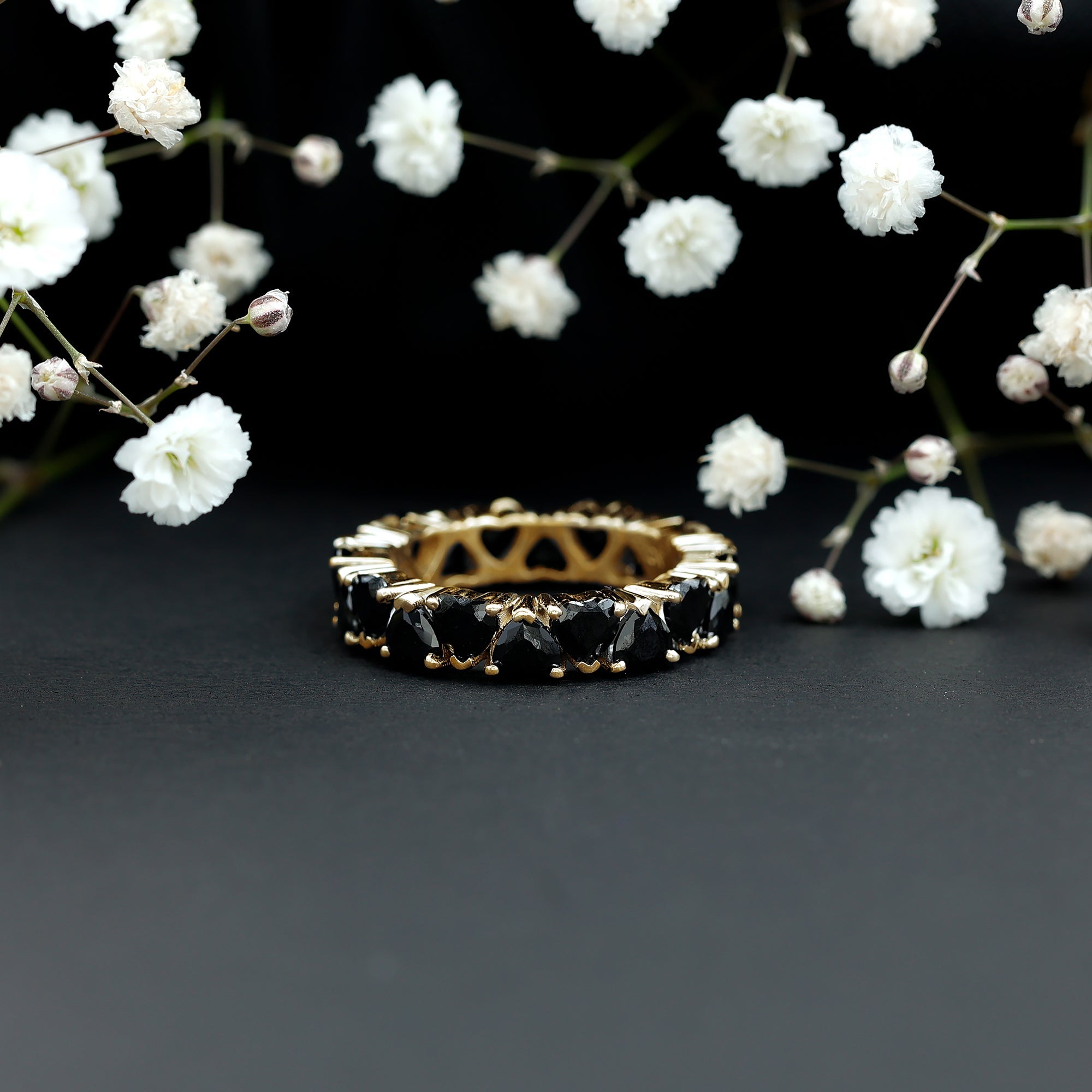 Heart Shaped Black Onyx Eternity Wedding Band