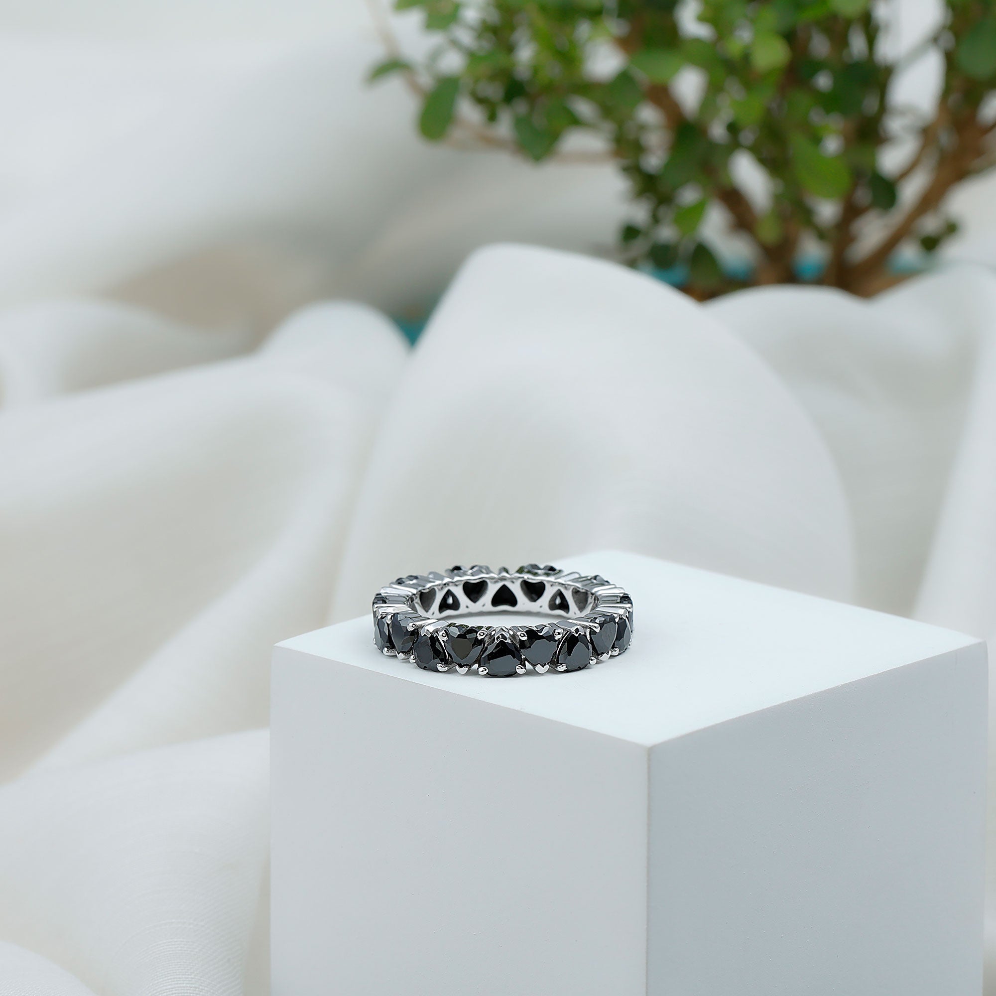 Claw Set Heart Shape Black Spinel Eternity Band Ring
