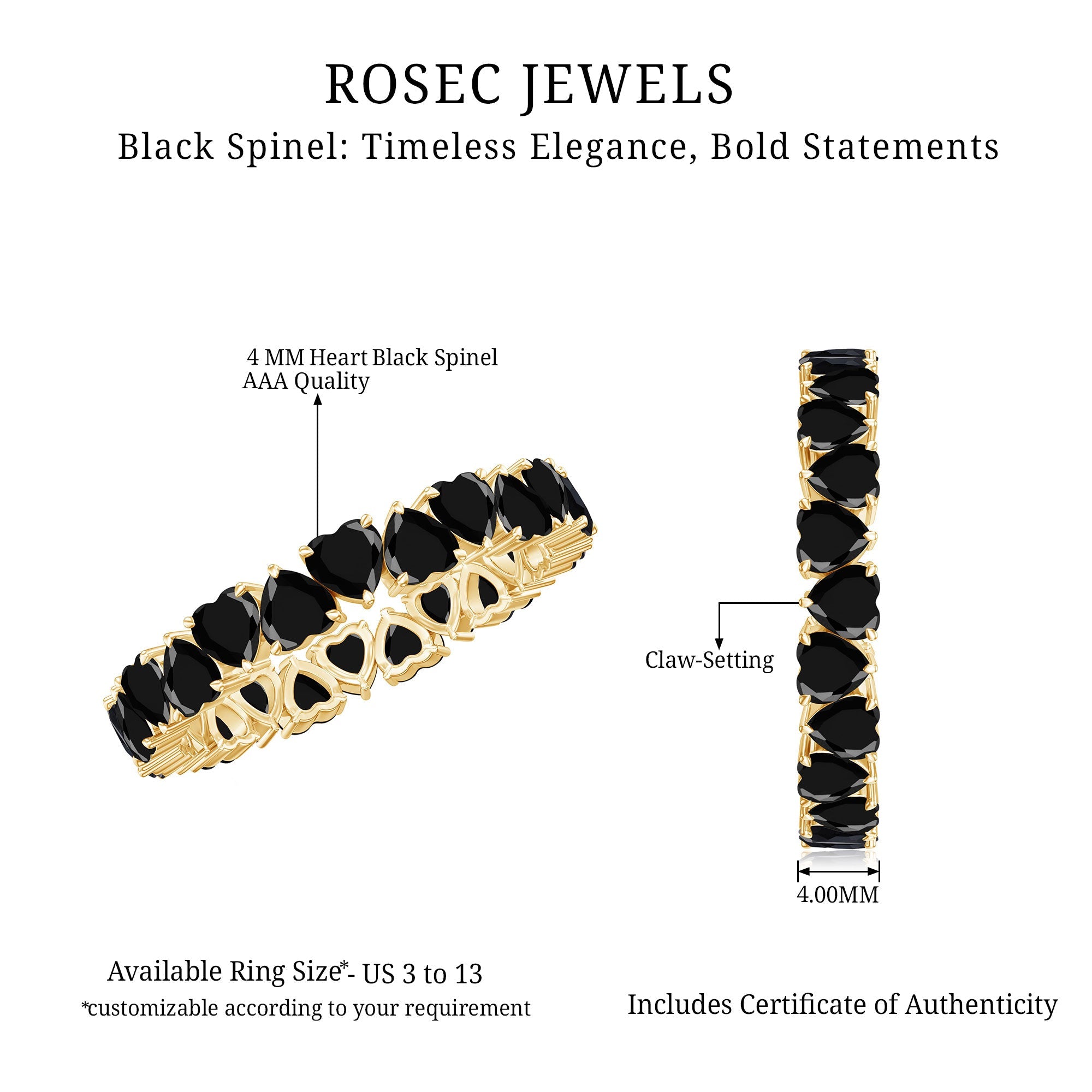 Claw Set Heart Shape Black Spinel Eternity Band Ring