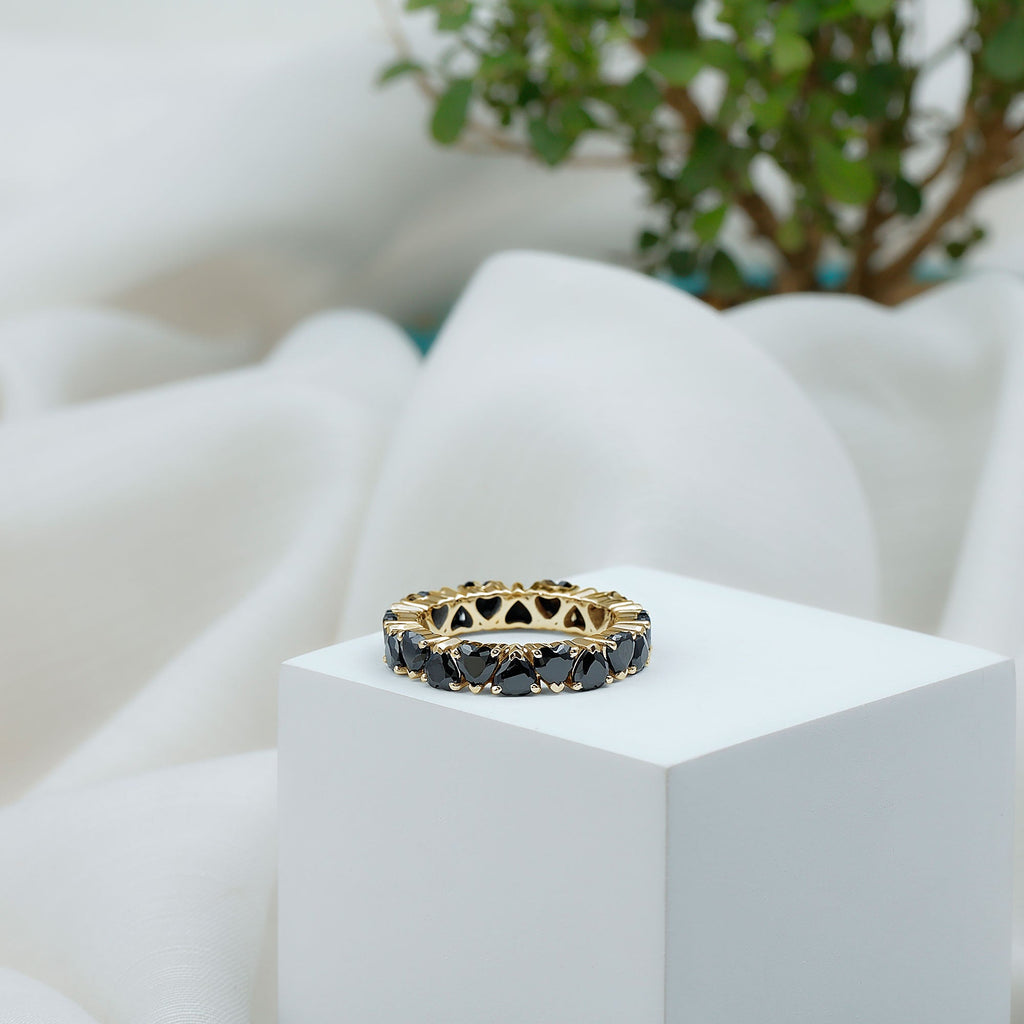 Claw Set Heart Shape Black Spinel Eternity Band Ring
