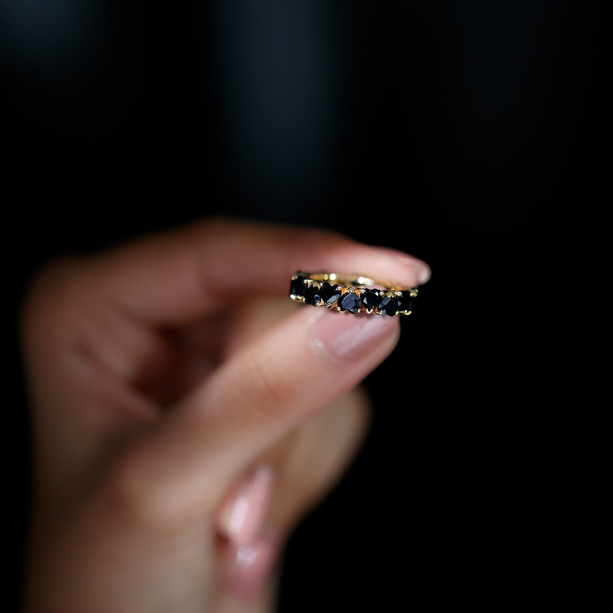 Claw Set Heart Shape Black Spinel Eternity Band Ring