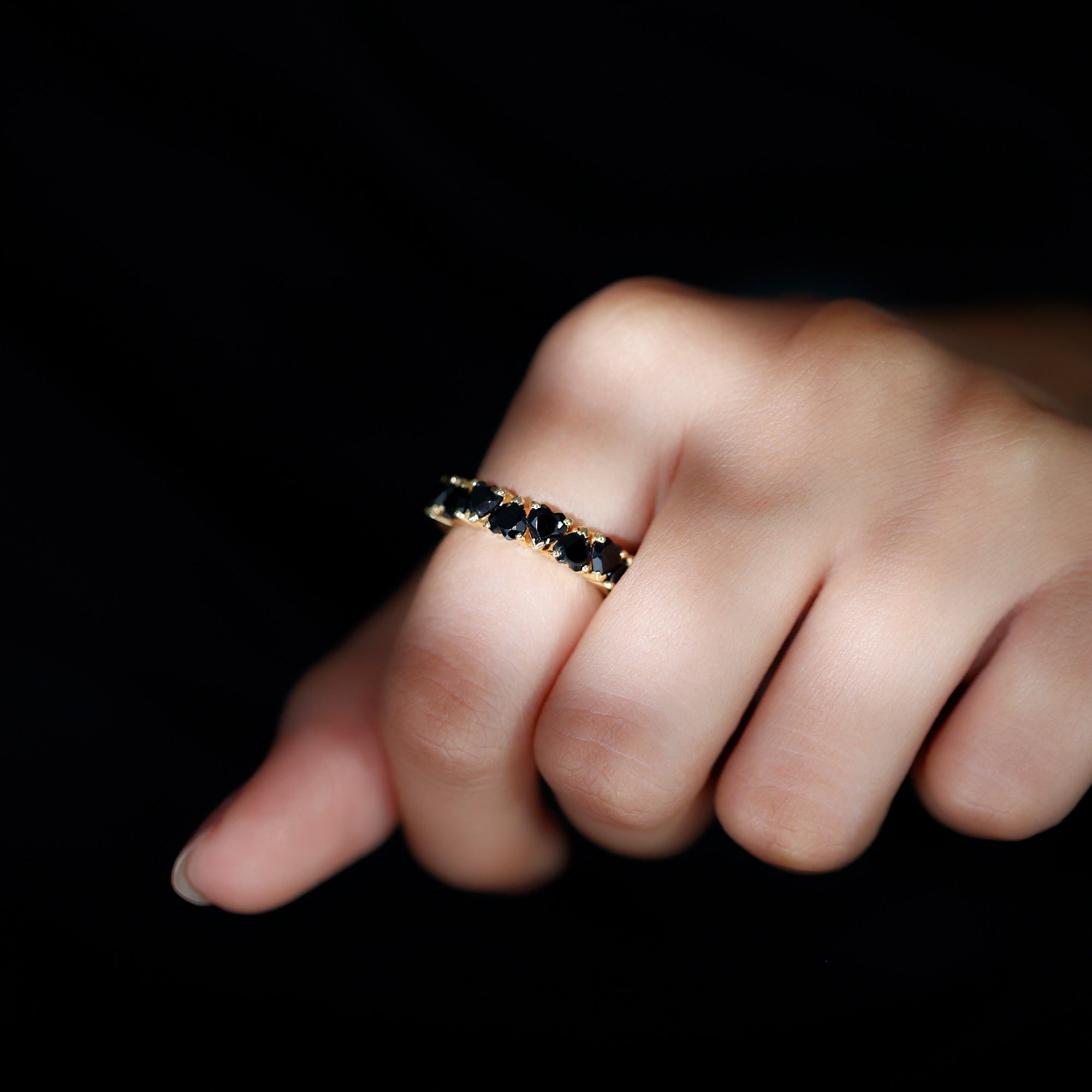 Claw Set Heart Shape Black Spinel Eternity Band Ring