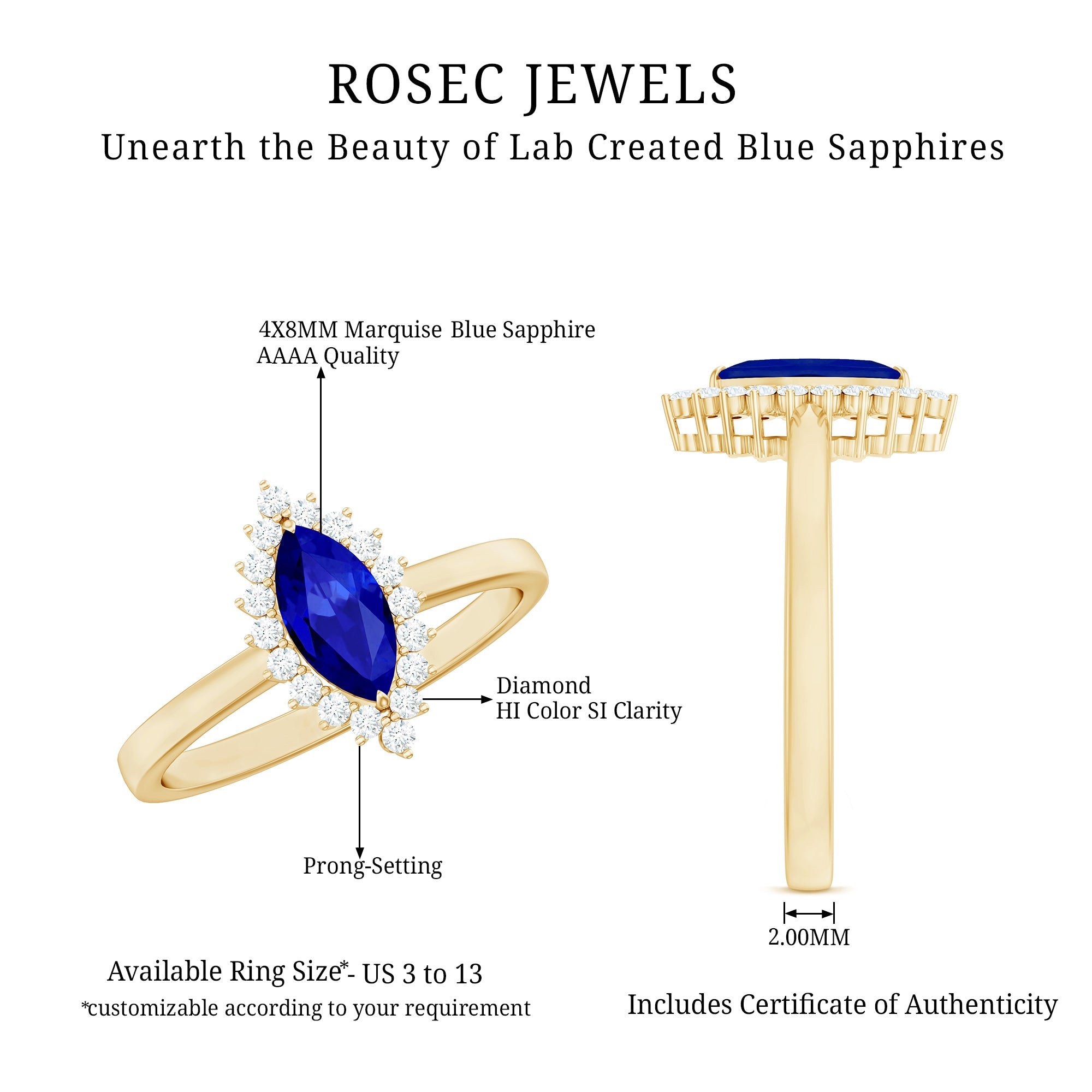 Marquise Cut Lab Grown Blue Sapphire and Diamond Halo Engagement Ring