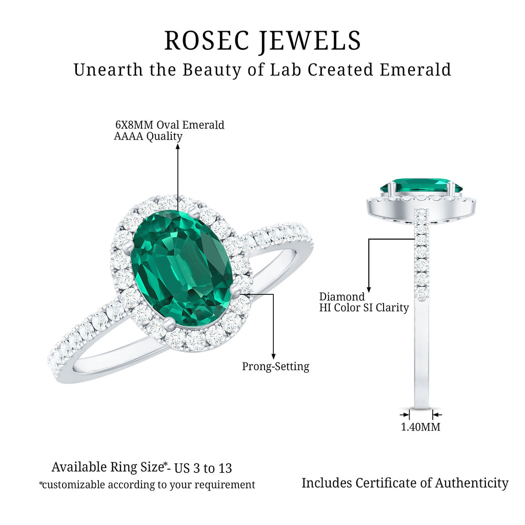 Classic Lab Grown Emerald Oval Engagement Ring with Diamond Halo