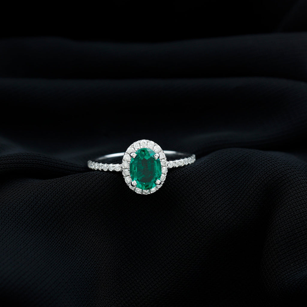 Classic Lab Grown Emerald Oval Engagement Ring with Diamond Halo