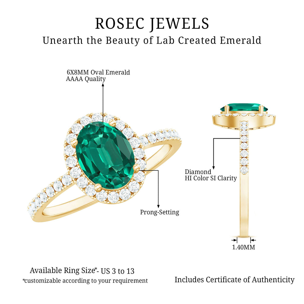Classic Lab Grown Emerald Oval Engagement Ring with Diamond Halo