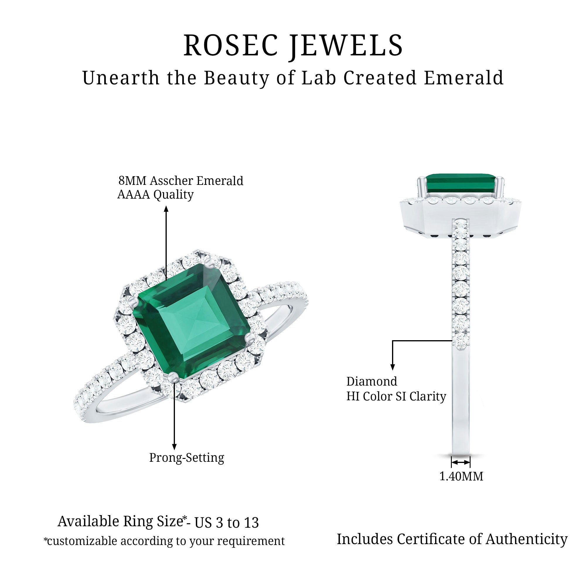 AAAA Quality Lab Created Emerald Asscher Cut Engagement Ring with Diamond