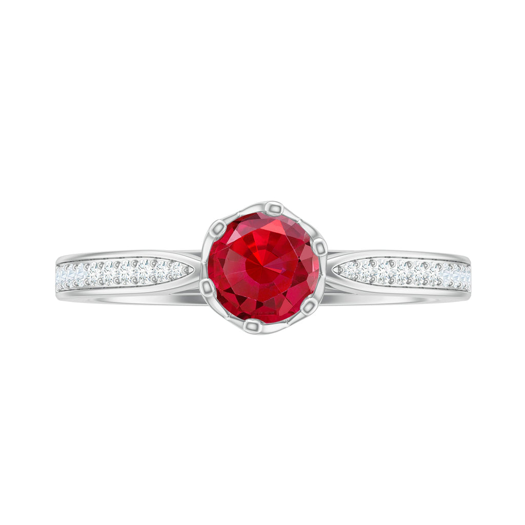 1 CT Round Shape Created Ruby Solitaire Engagement Ring with Diamond