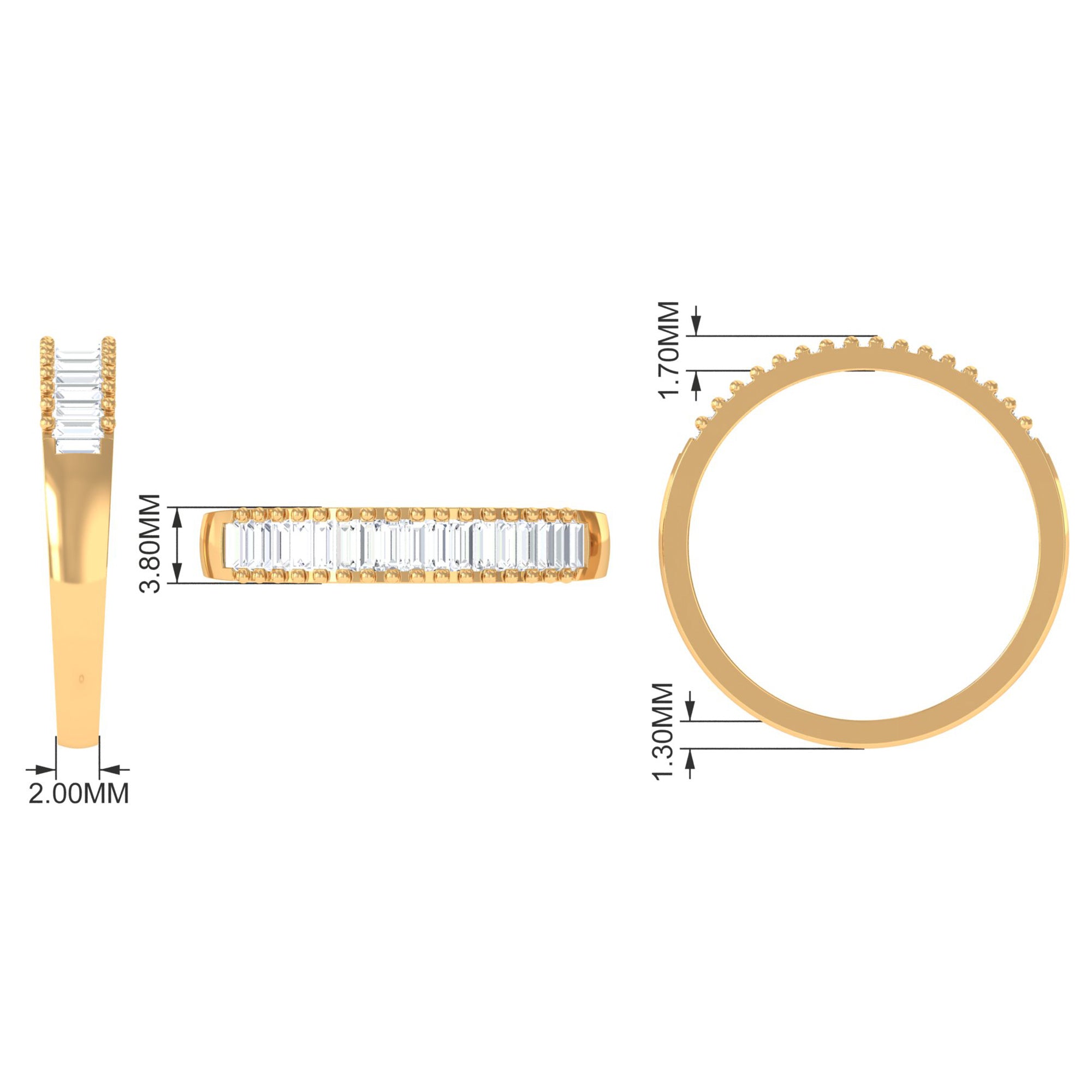 Baguette Cut Zircon Minimal Half Eternity Ring with Gold Beaded