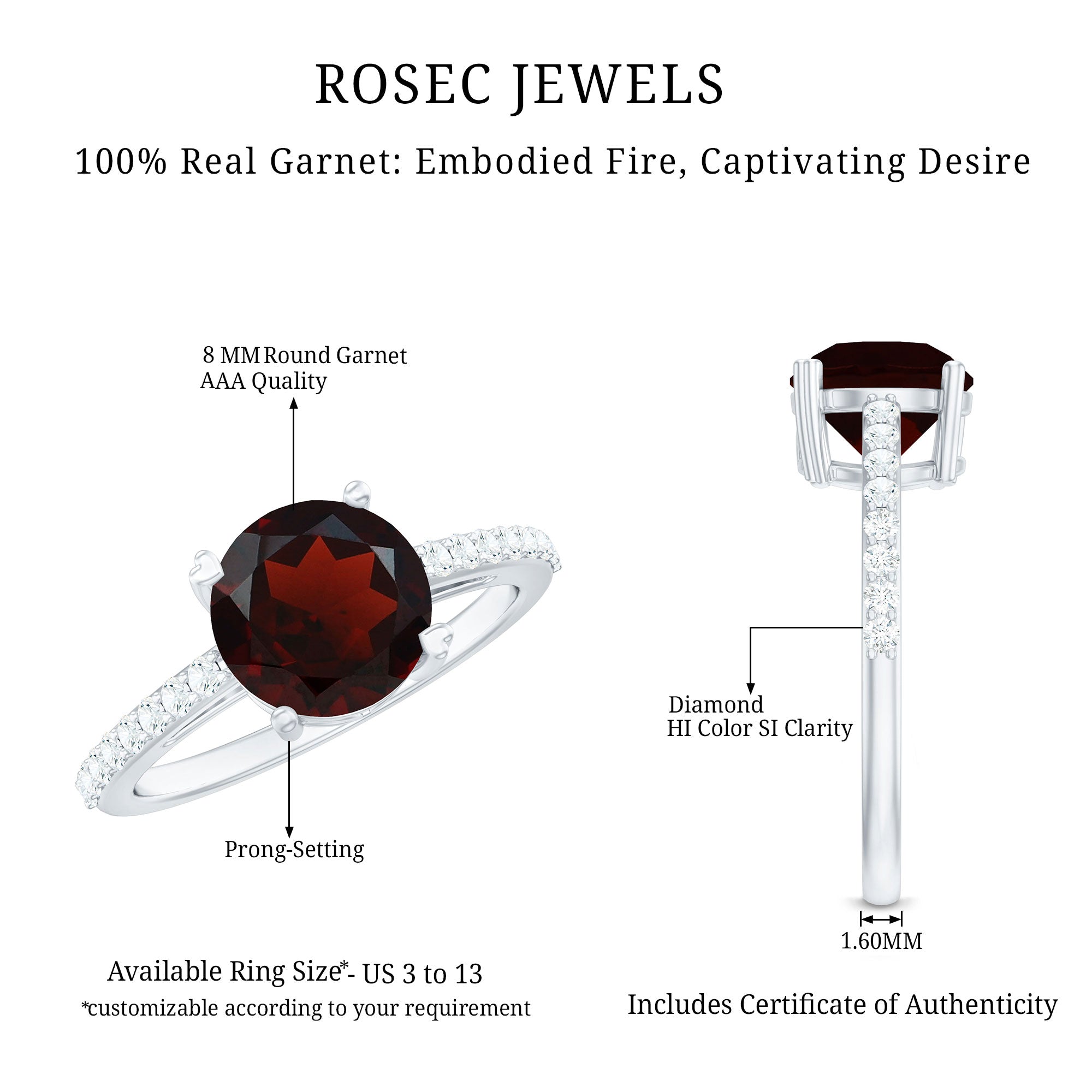 Certified Natural 8mm Garnet Big Engagement Ring with Diamond