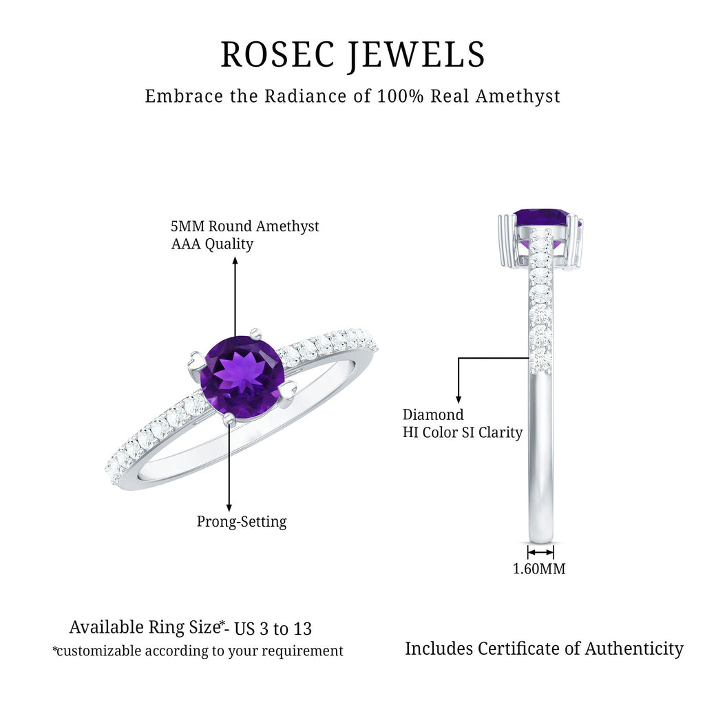 1 CT Round Shape Solitaire Amethyst Designer Promise Ring with Diamond