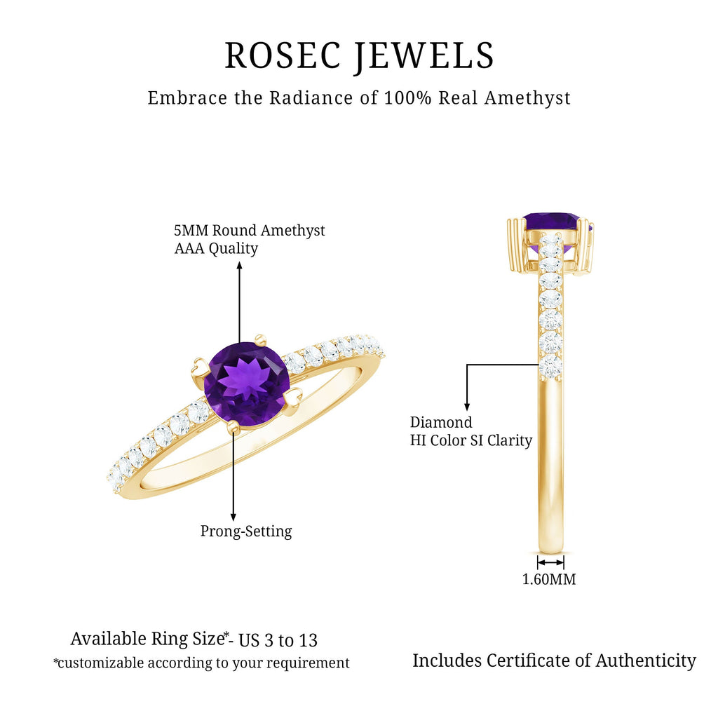 1 CT Round Shape Solitaire Amethyst Designer Promise Ring with Diamond