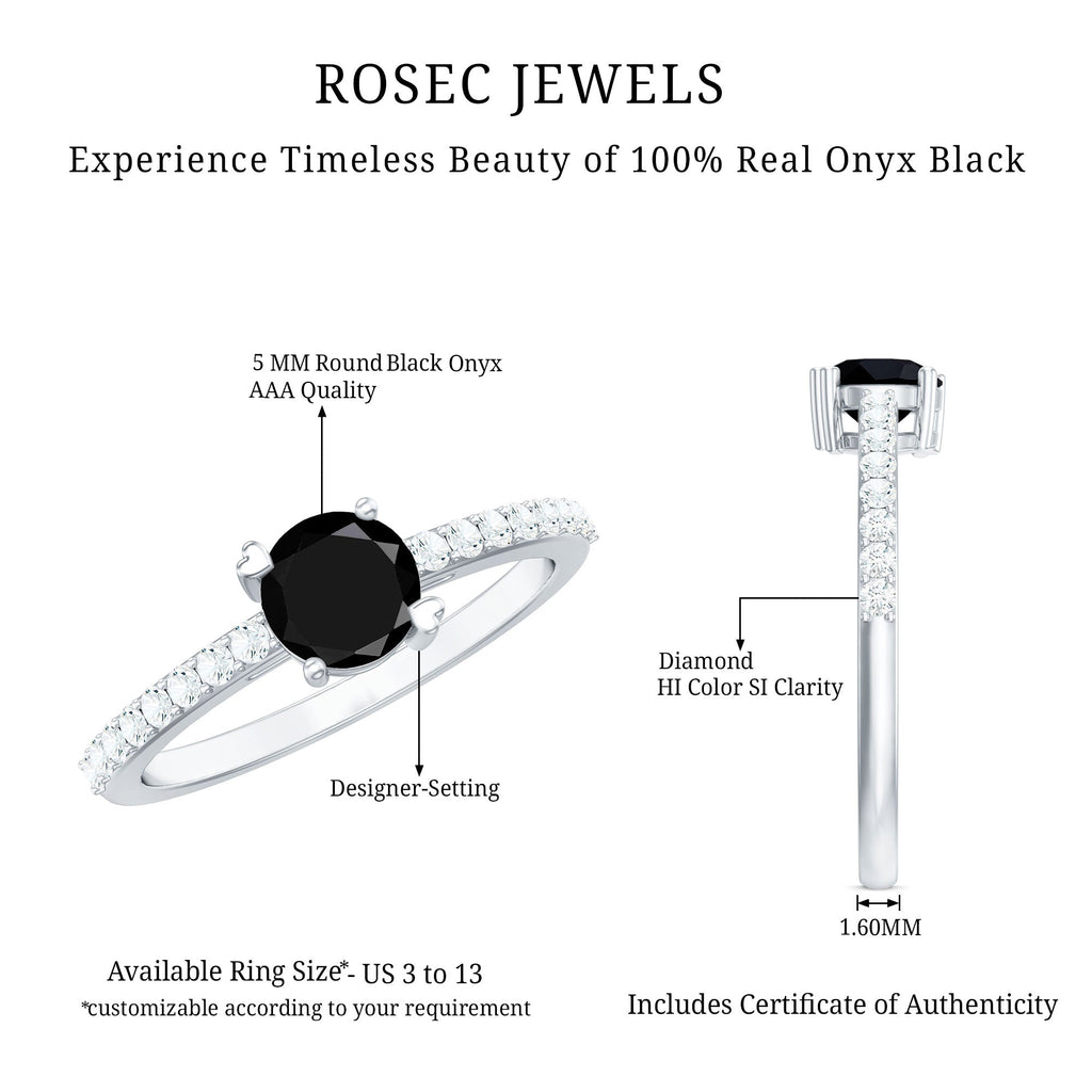 Round Black Onyx Promise Ring with Diamond Side Stones