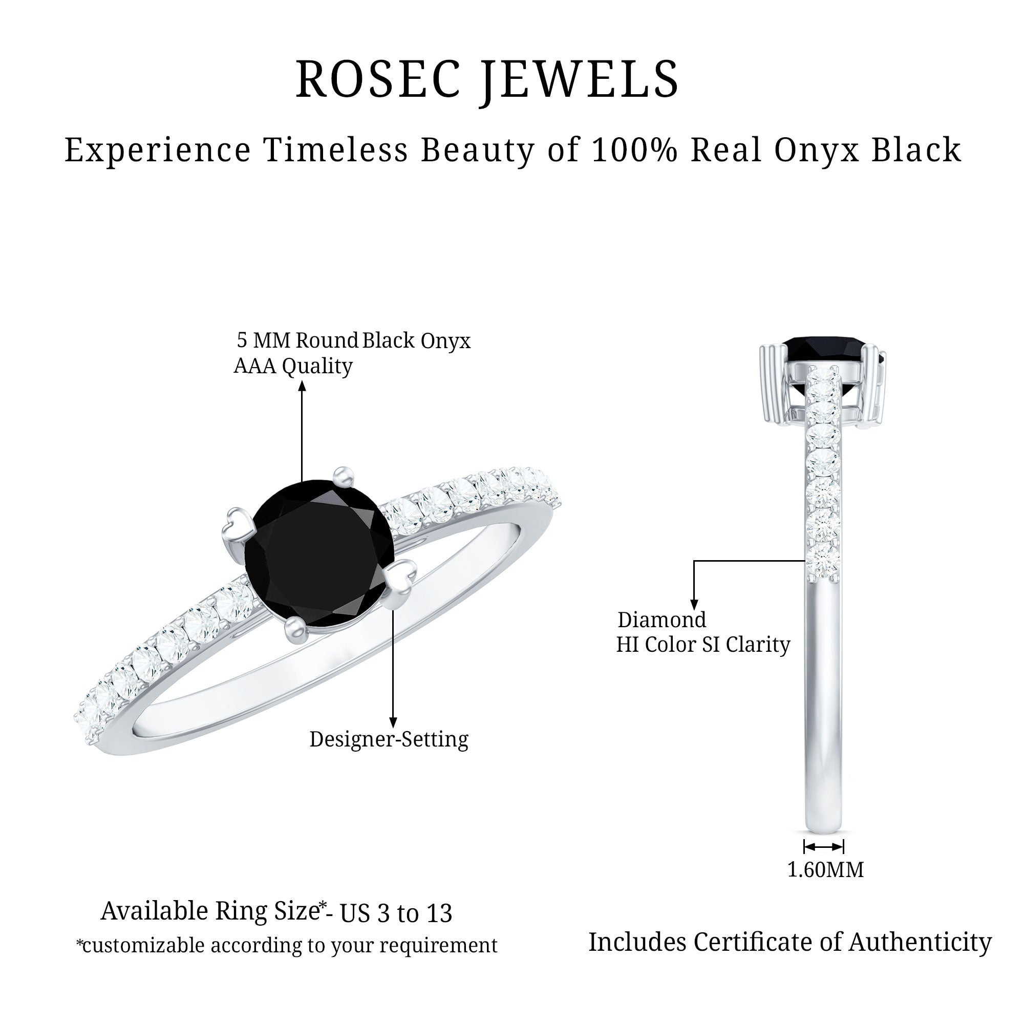 Round Black Onyx Promise Ring with Diamond Side Stones