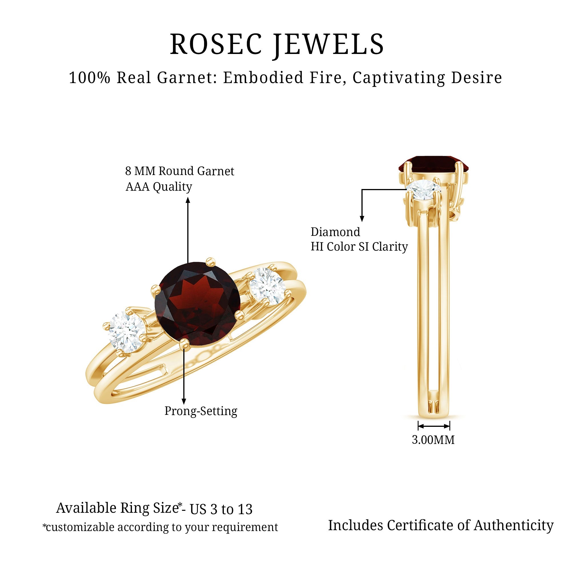 Genuine 8mm Garnet Diamond Double Band Engagement Ring