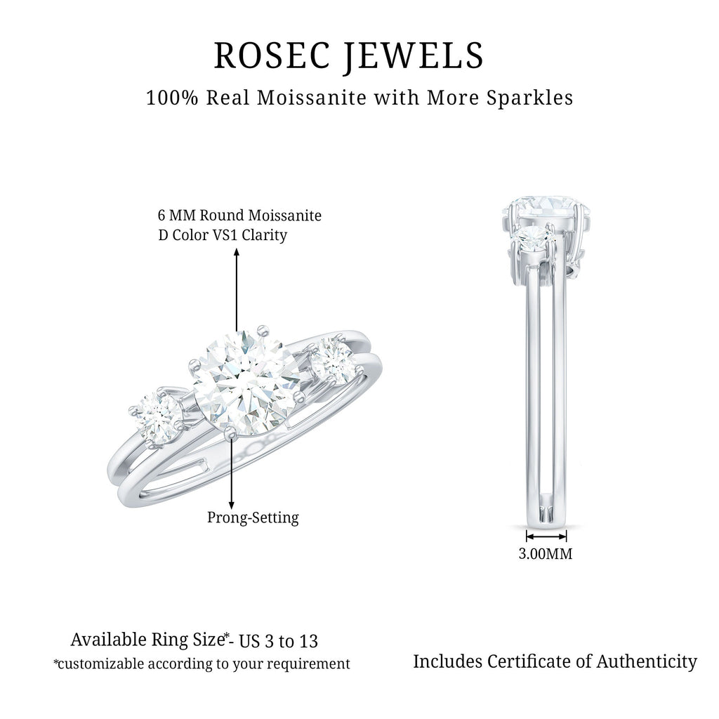 Brilliant Cut Moissanite 3 Stone Engagement Ring with Double Band