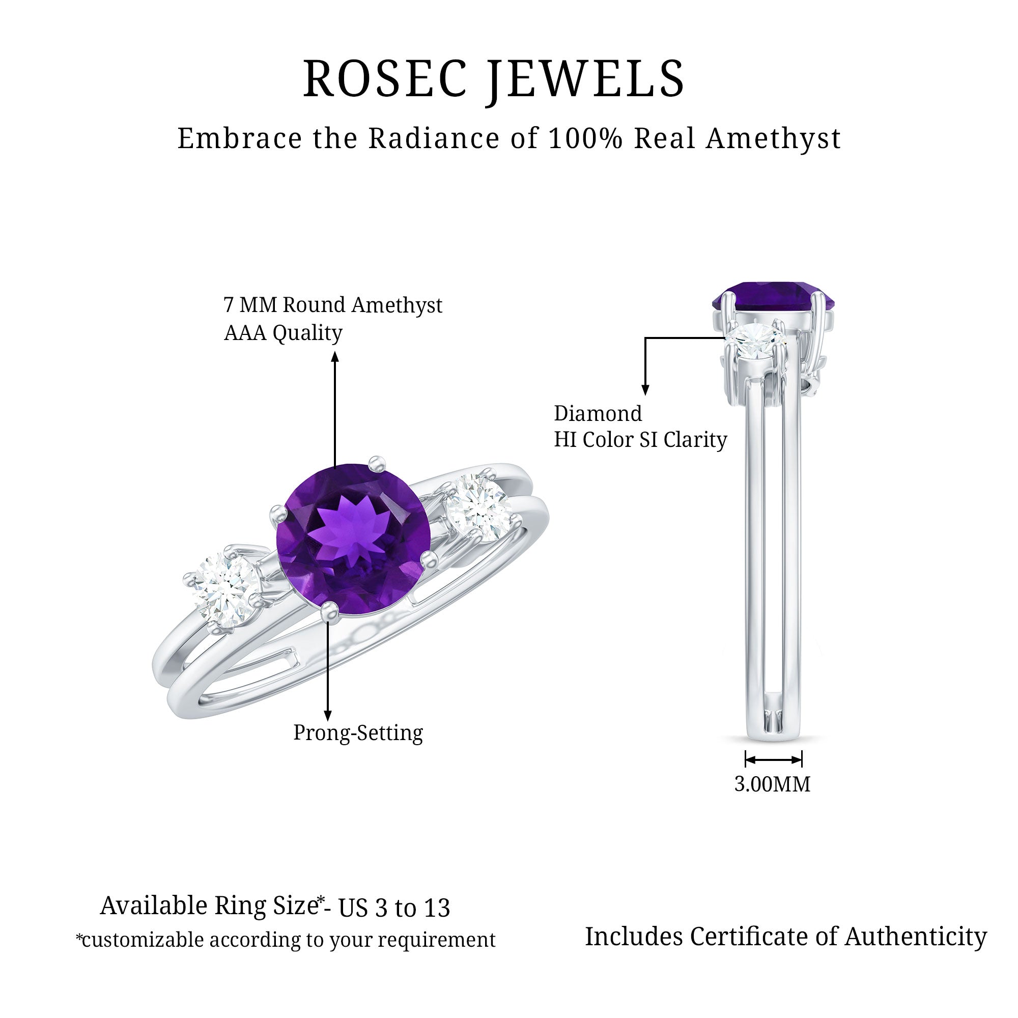 Double Band Engagement Ring with Amethyst and Diamond