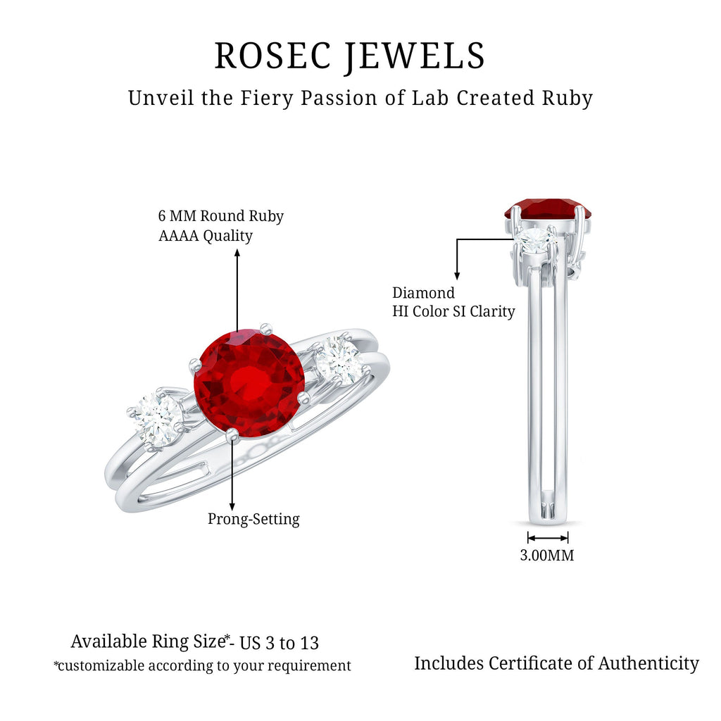 Solitaire Created Ruby Double Band Ring with Diamond
