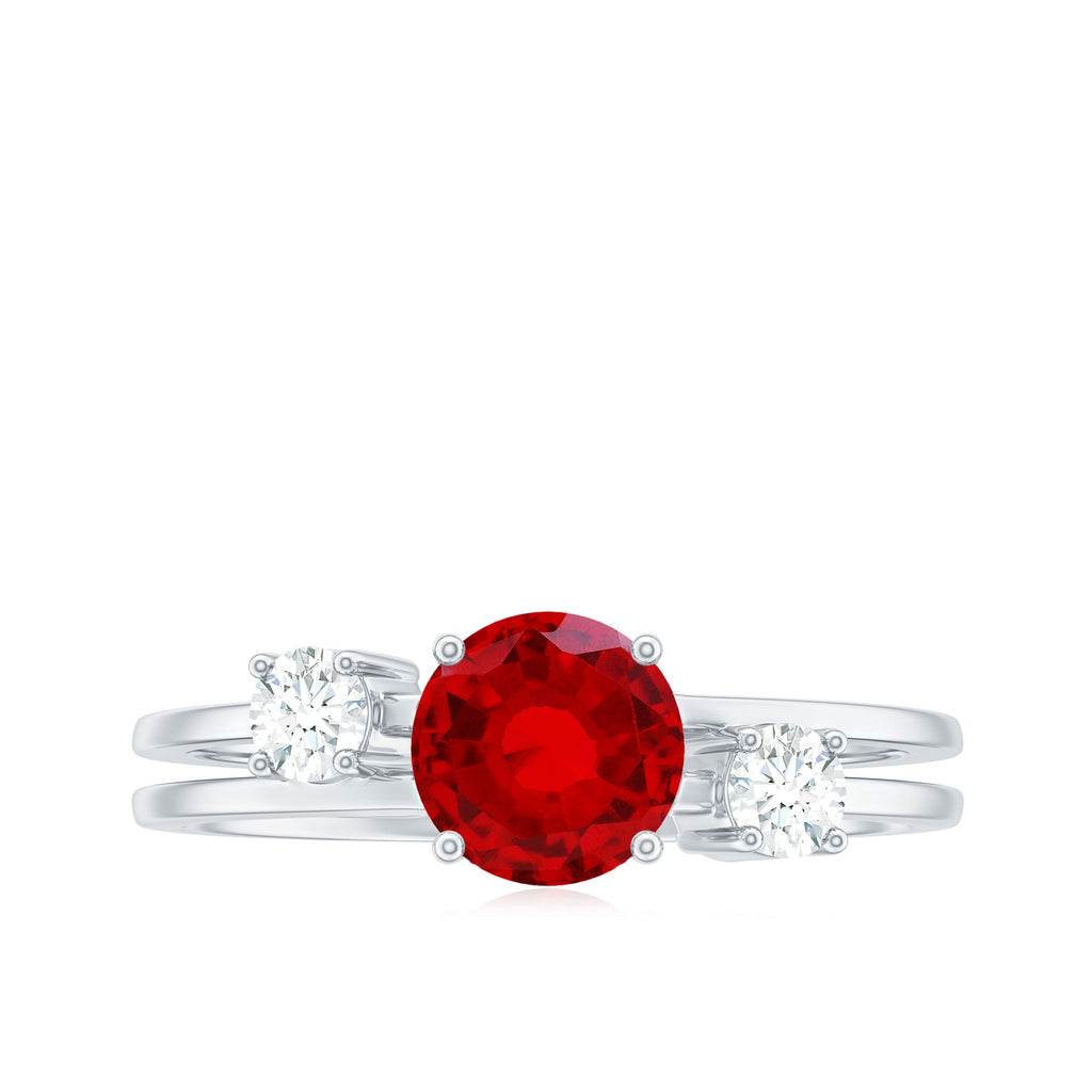 Solitaire Created Ruby Double Band Ring with Diamond