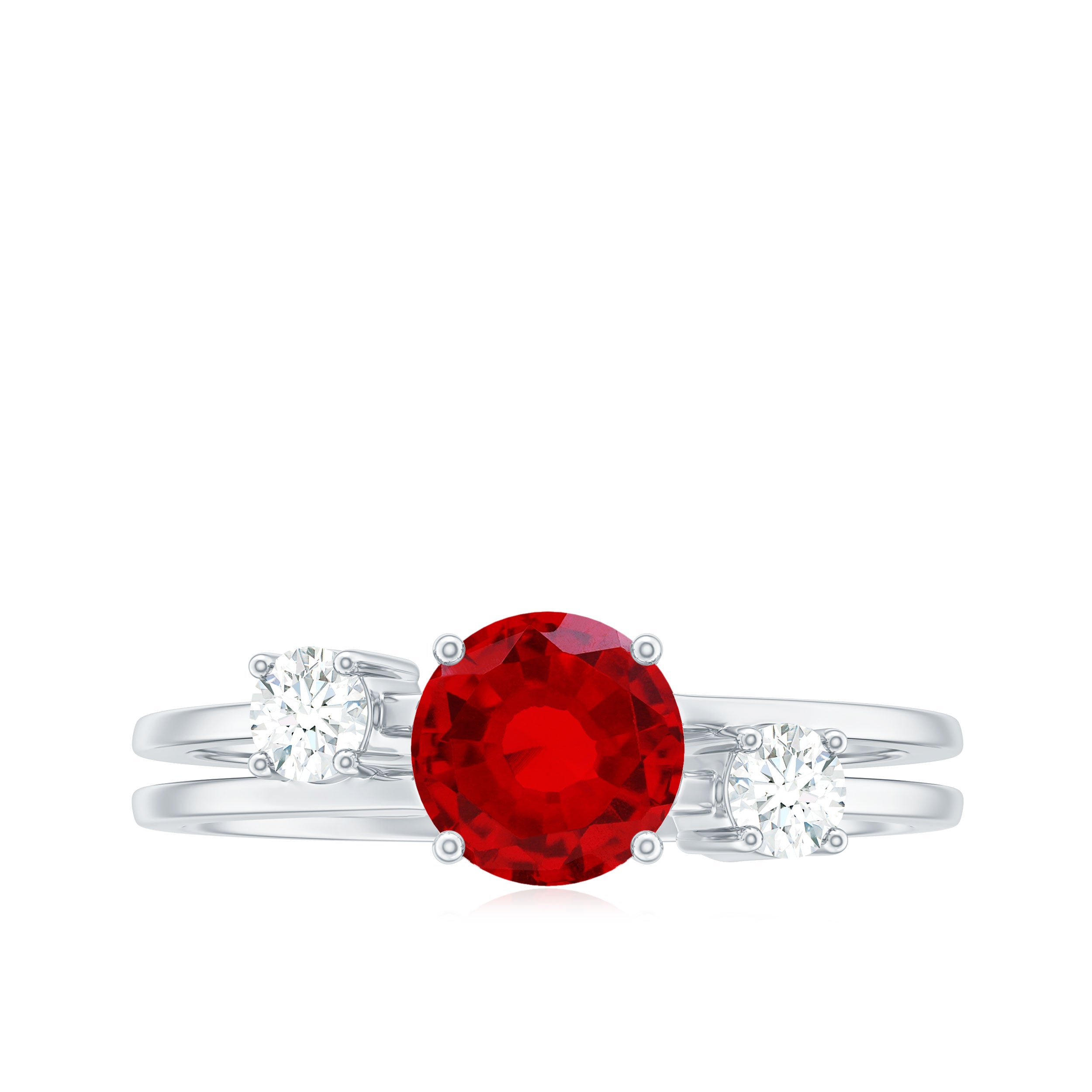 Solitaire Created Ruby Double Band Ring with Diamond