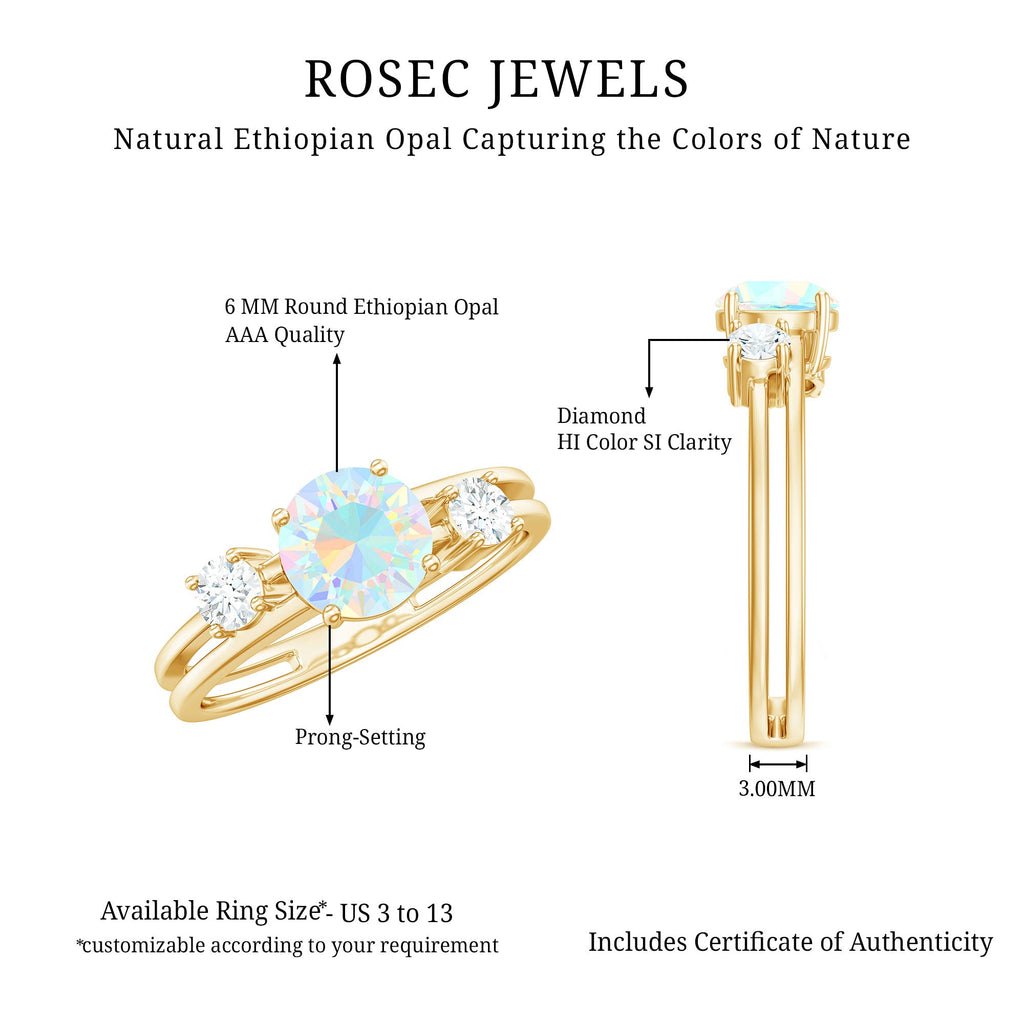 Natural Ethiopian Rainbow Opal Diamond Three Stone Engagement Ring