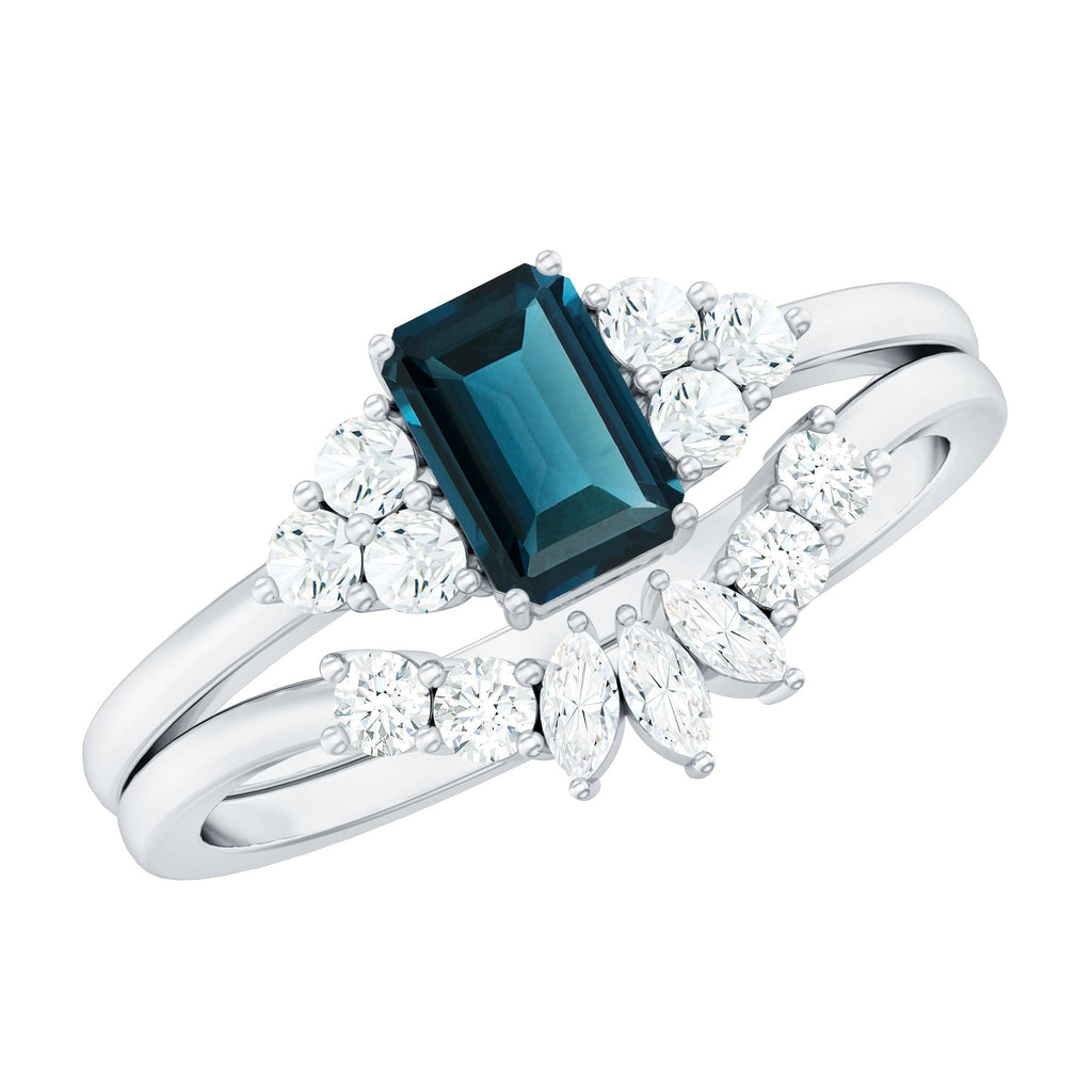 4X6mm Emerald Cut London Blue Topaz Designer Bridal Ring Set with Diamond