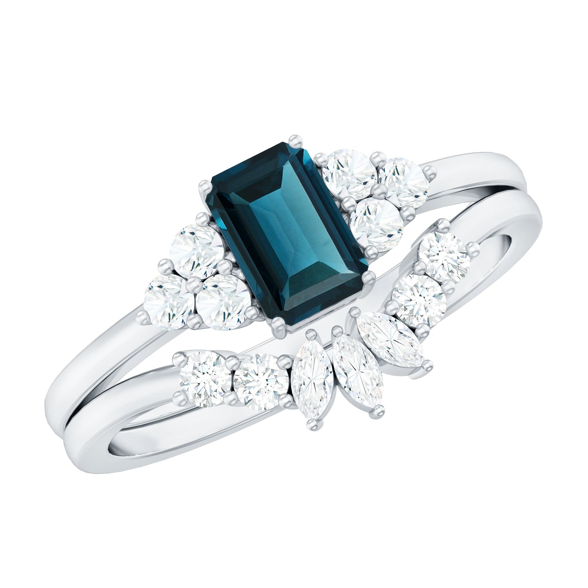 4X6mm Emerald Cut London Blue Topaz Designer Bridal Ring Set with Diamond