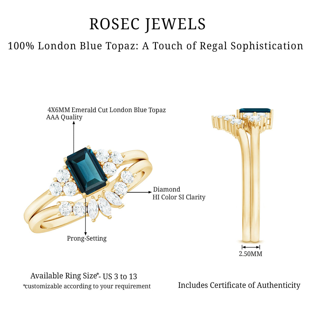 4X6mm Emerald Cut London Blue Topaz Designer Bridal Ring Set with Diamond