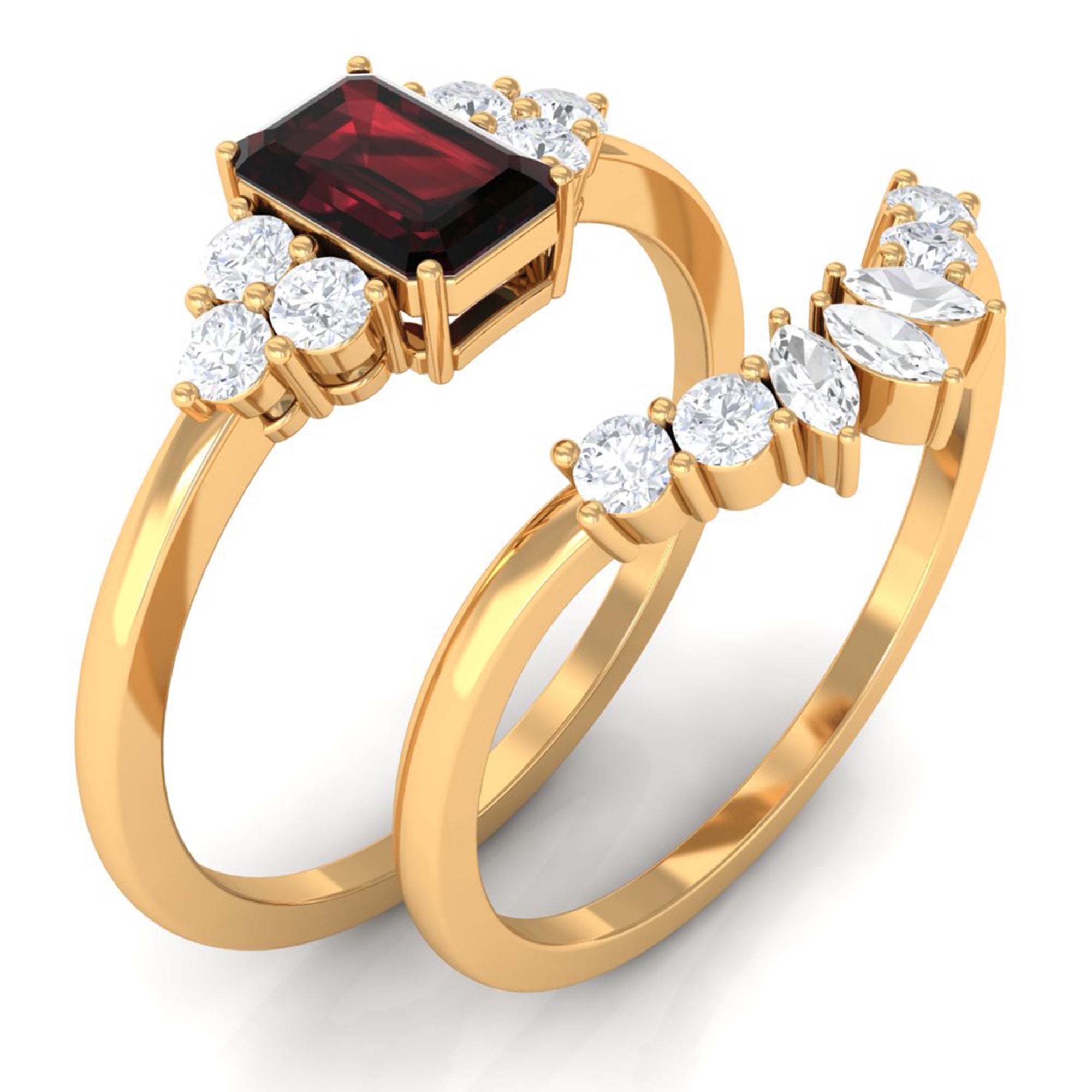 Genuine Garnet Diamond Emerald Cut Engagement Wedding Ring Set of 2