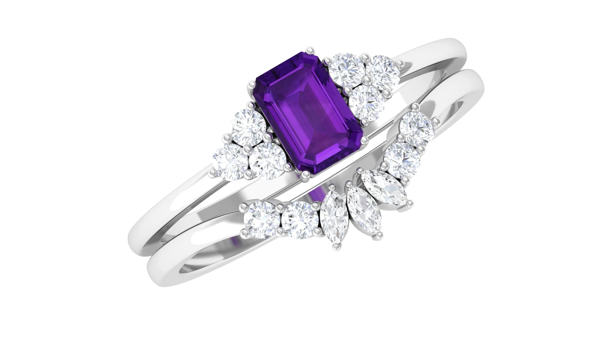 Octagon Amethyst Solitaire Stackable Ring Set with Diamond