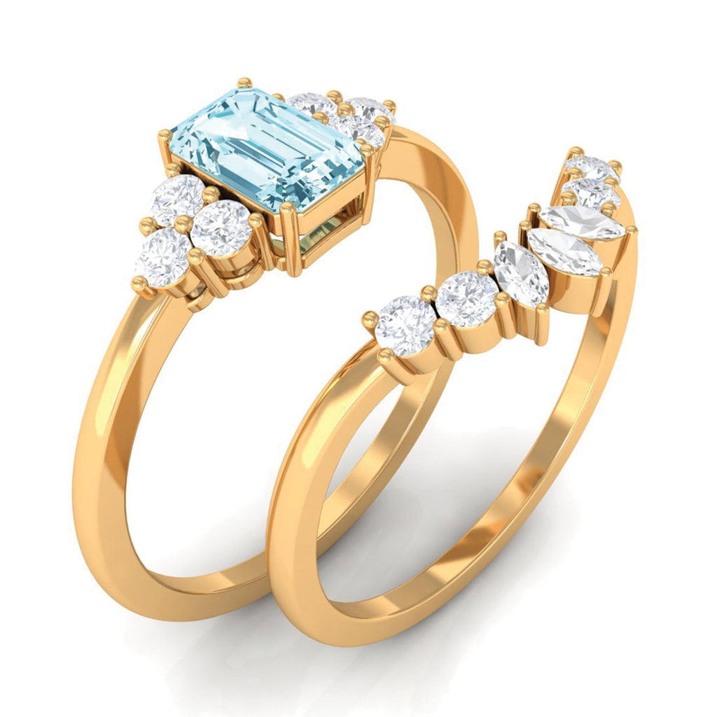 Octagon Aquamarine Solitaire Stackable Ring Set with Diamond