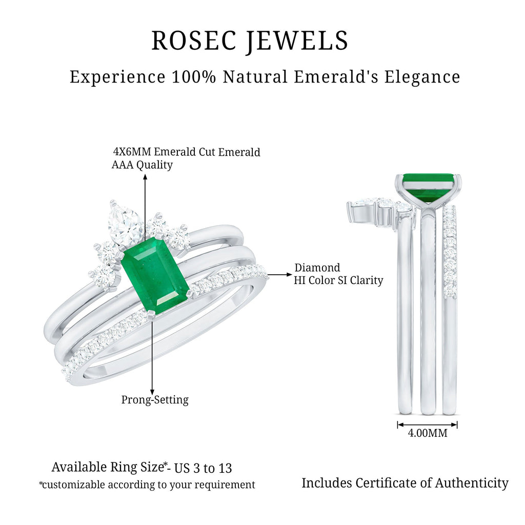 Natural Emerald Cut Emerald Diamond Bridal Ring Set of 3