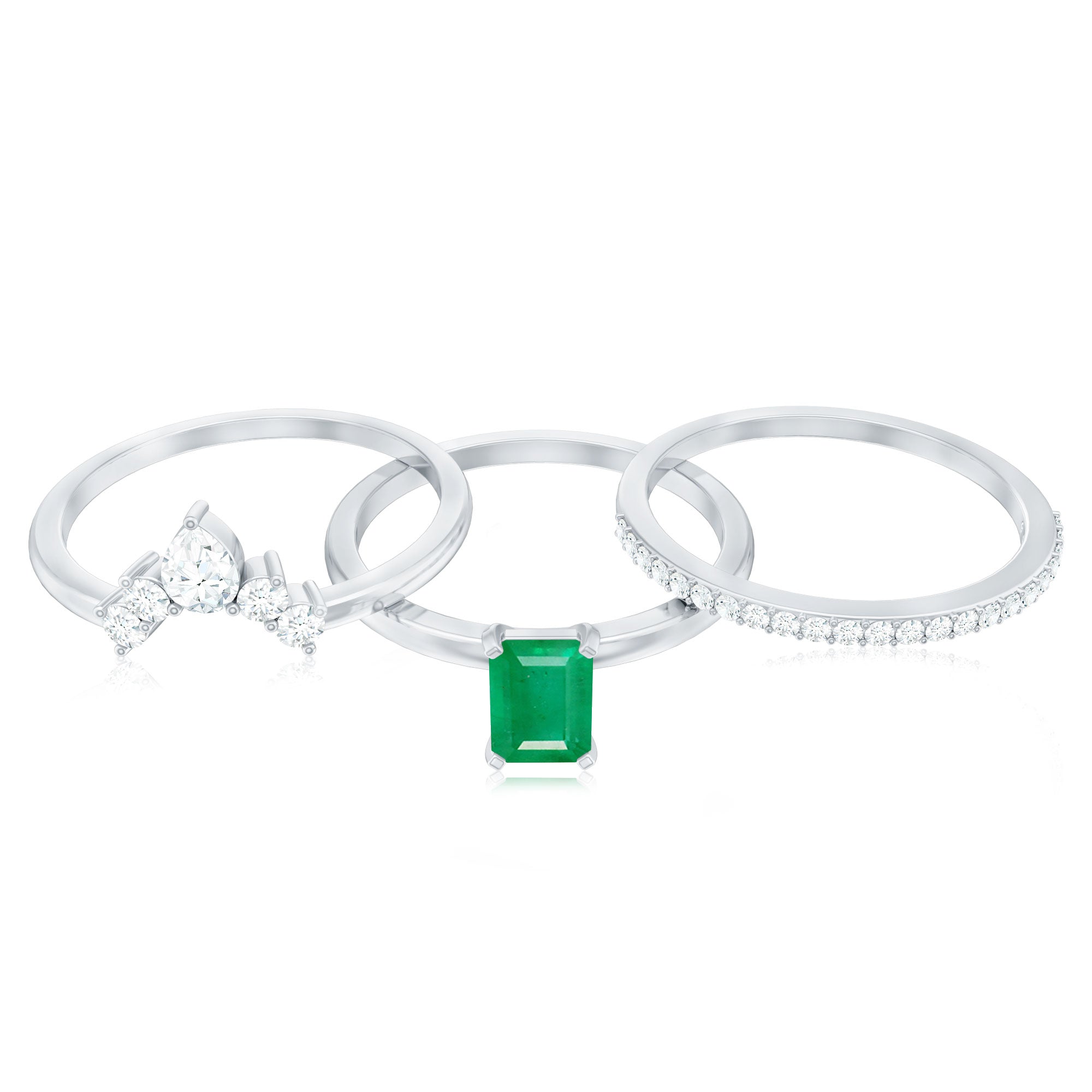 Natural Emerald Cut Emerald Diamond Bridal Ring Set of 3