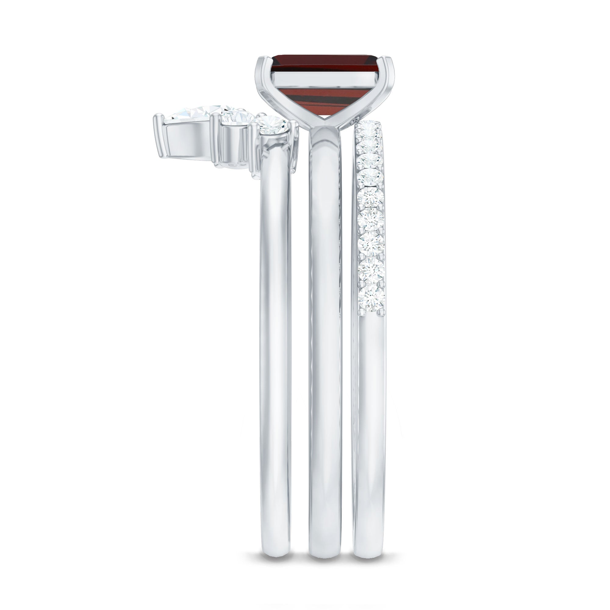 Natural Emerald Cut Garnet Diamond 3 Piece Wedding Ring Set