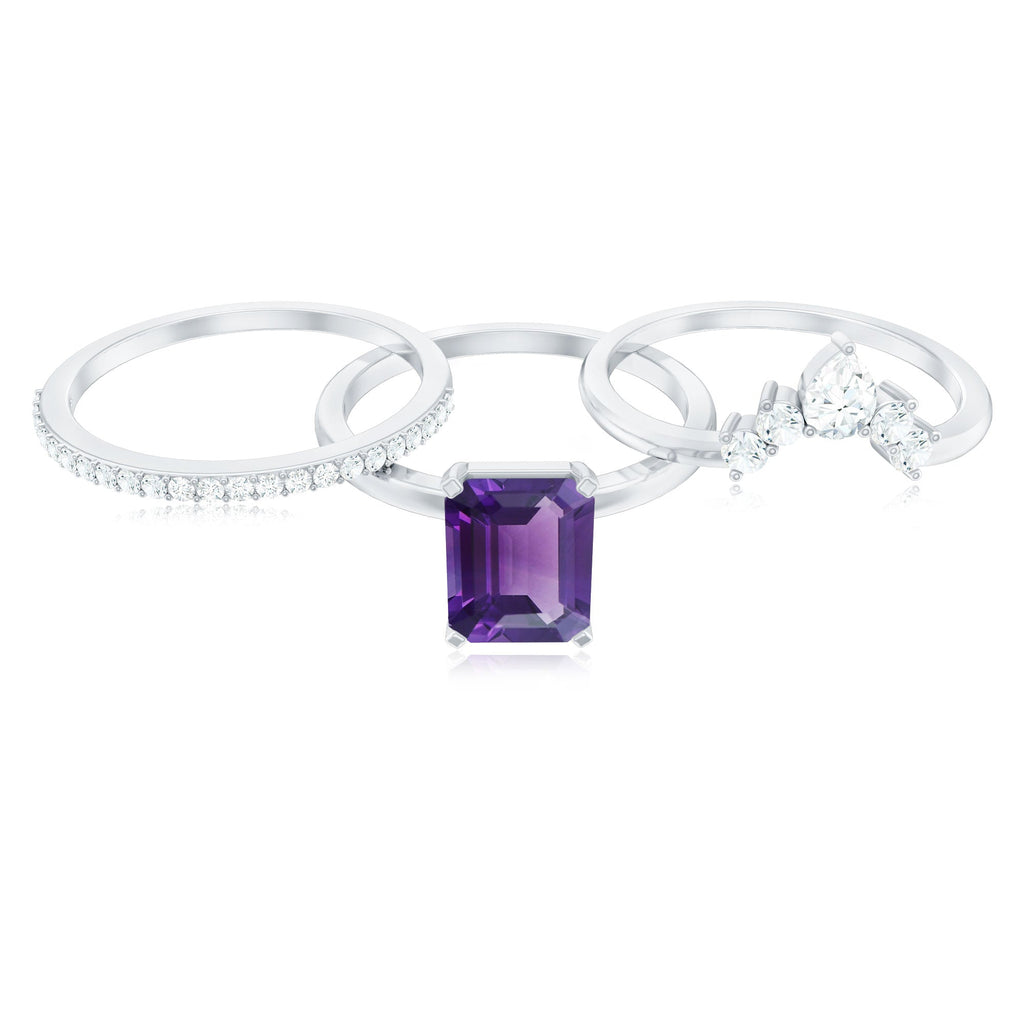 Octagon Amethyst Solitaire Ring Set of 3 with Moissanite