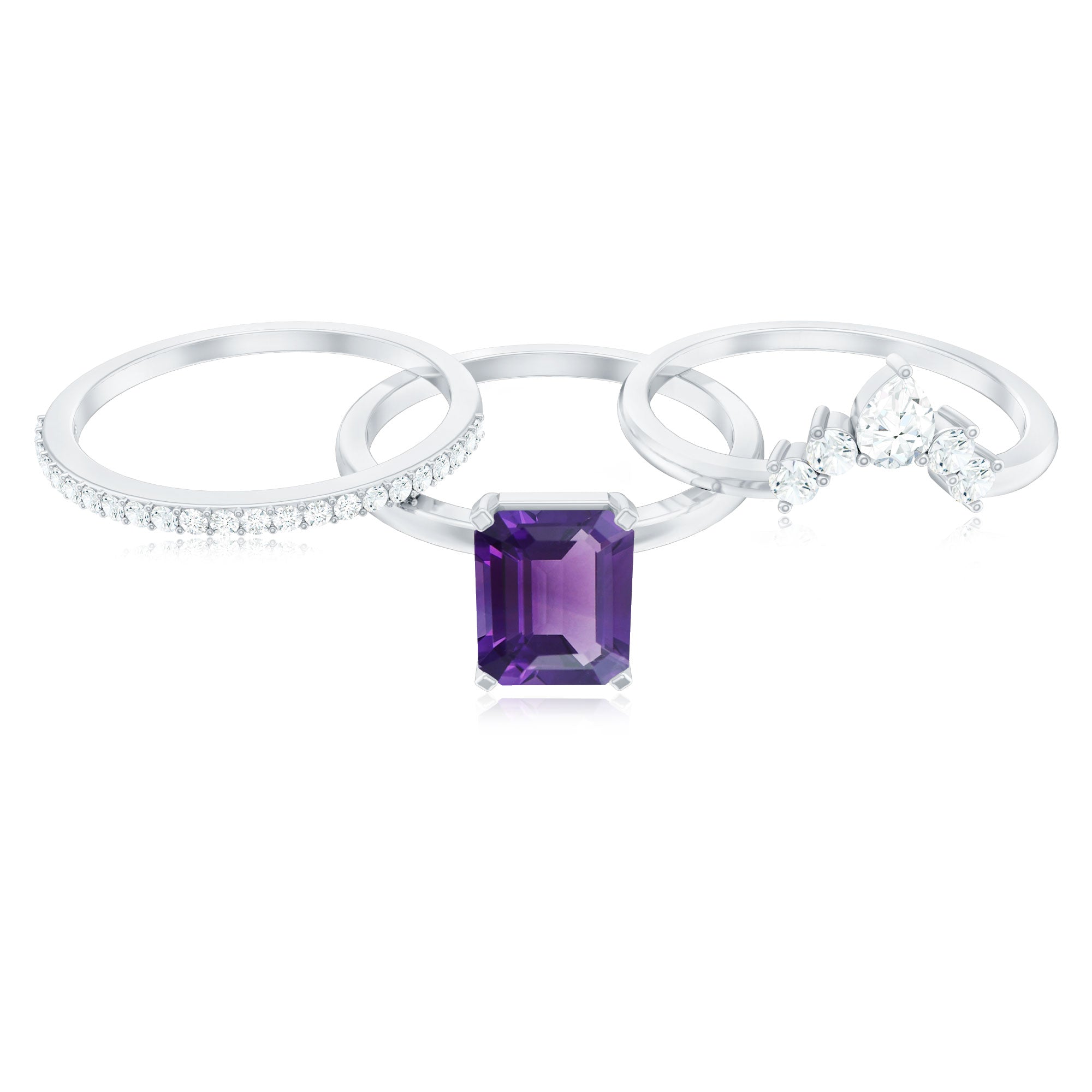 Octagon Amethyst Solitaire Ring Set of 3 with Moissanite