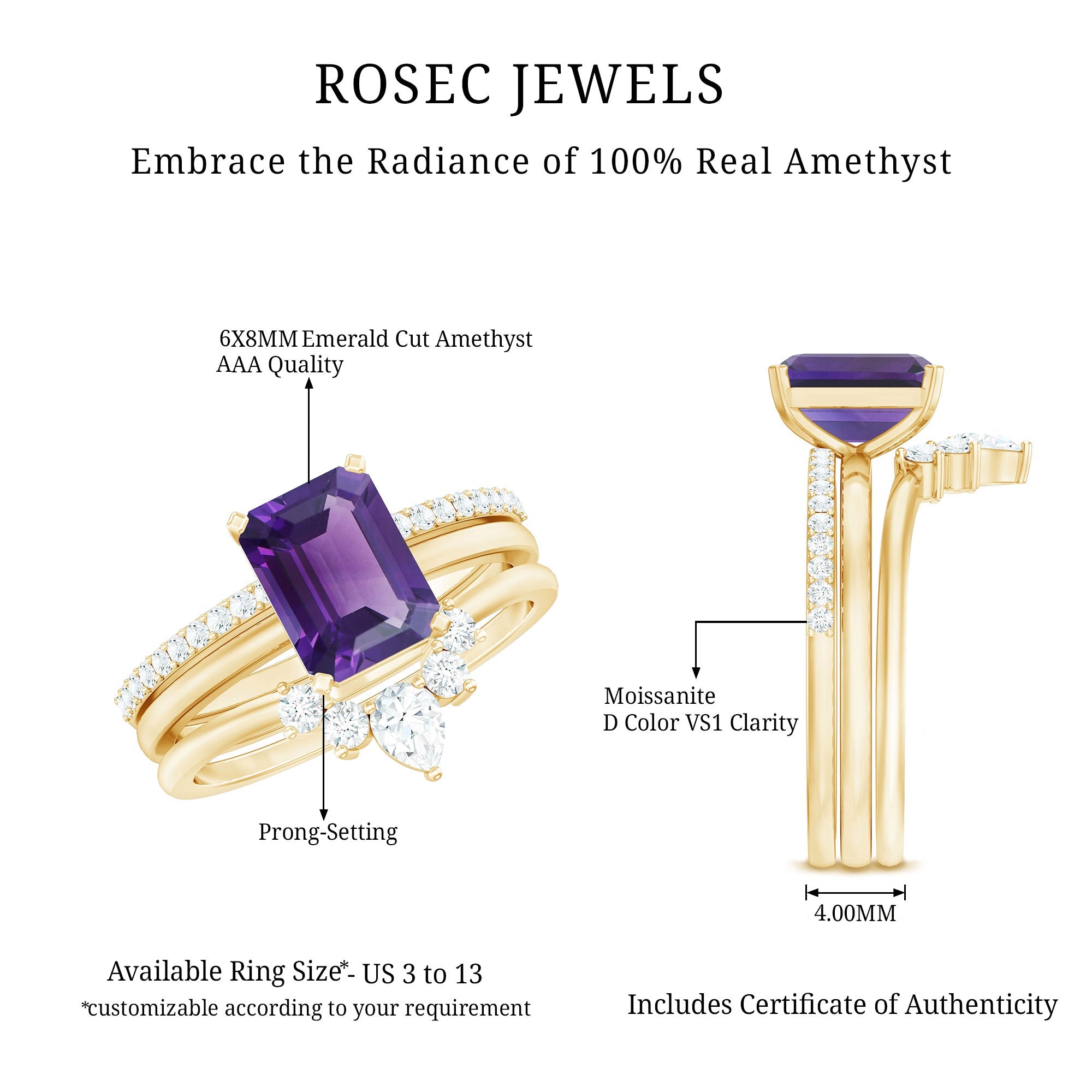 Octagon Amethyst Solitaire Ring Set of 3 with Moissanite