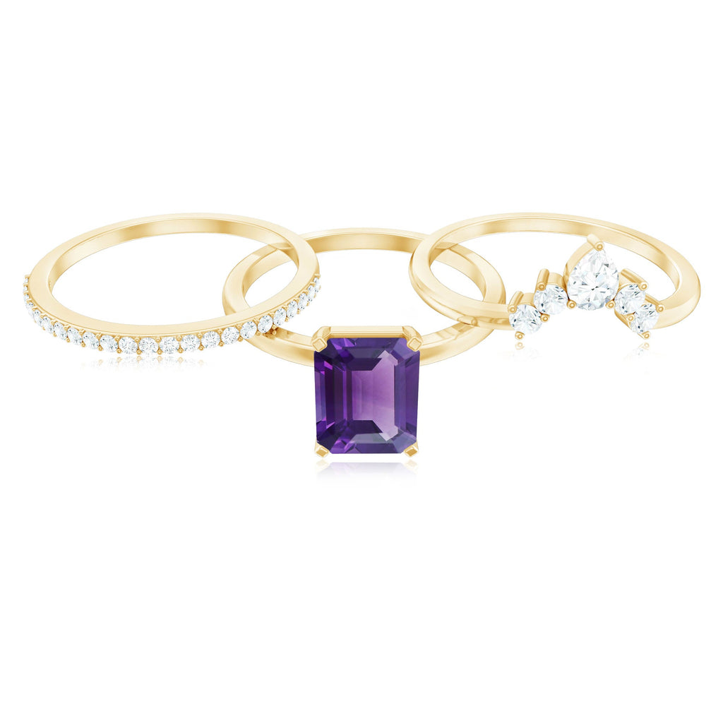 Octagon Amethyst Solitaire Ring Set of 3 with Moissanite