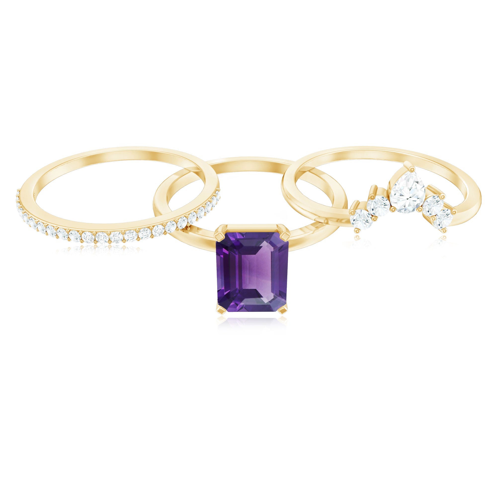 Octagon Amethyst Solitaire Ring Set of 3 with Moissanite