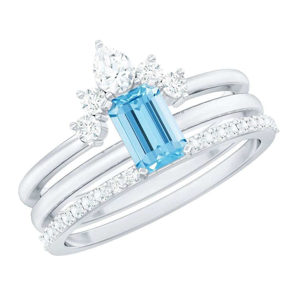Octagon Aquamarine Solitaire Ring Set of 3 with Diamond