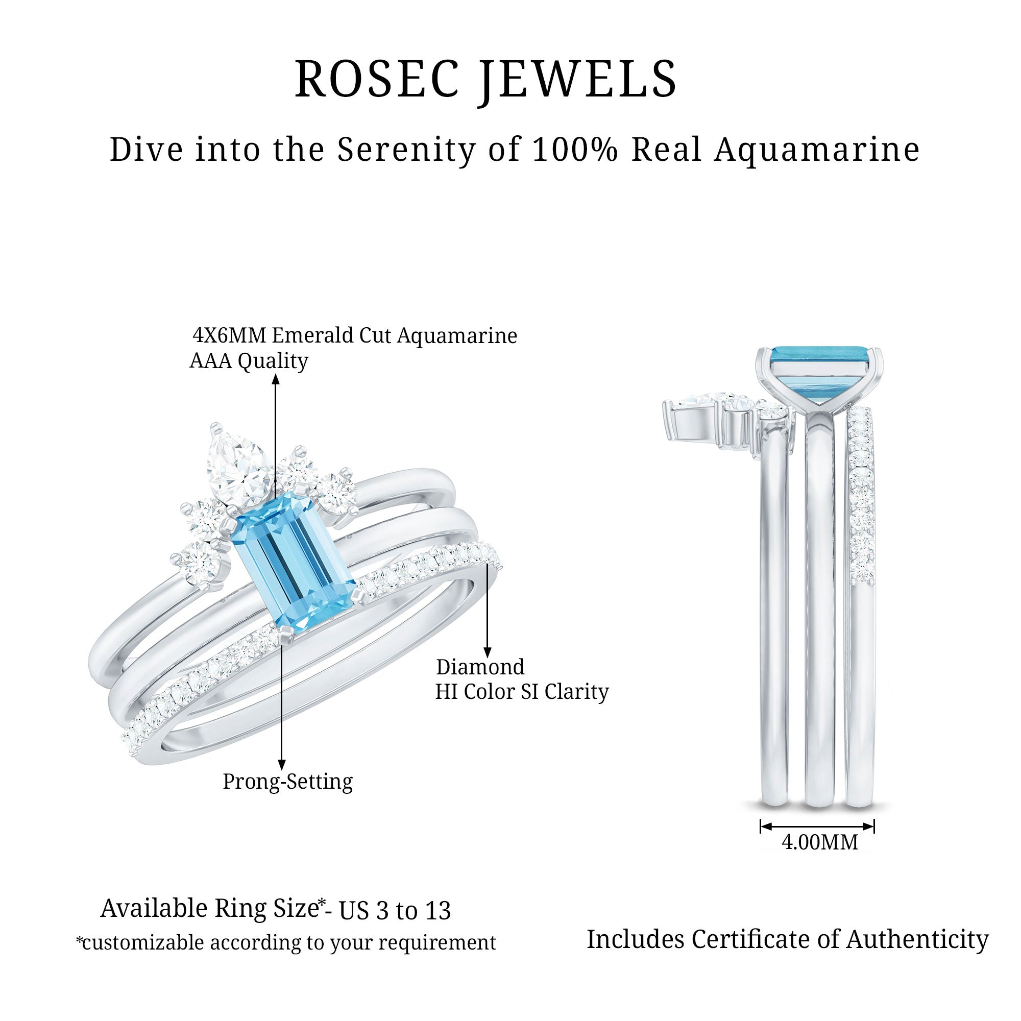 Octagon Aquamarine Solitaire Ring Set of 3 with Diamond