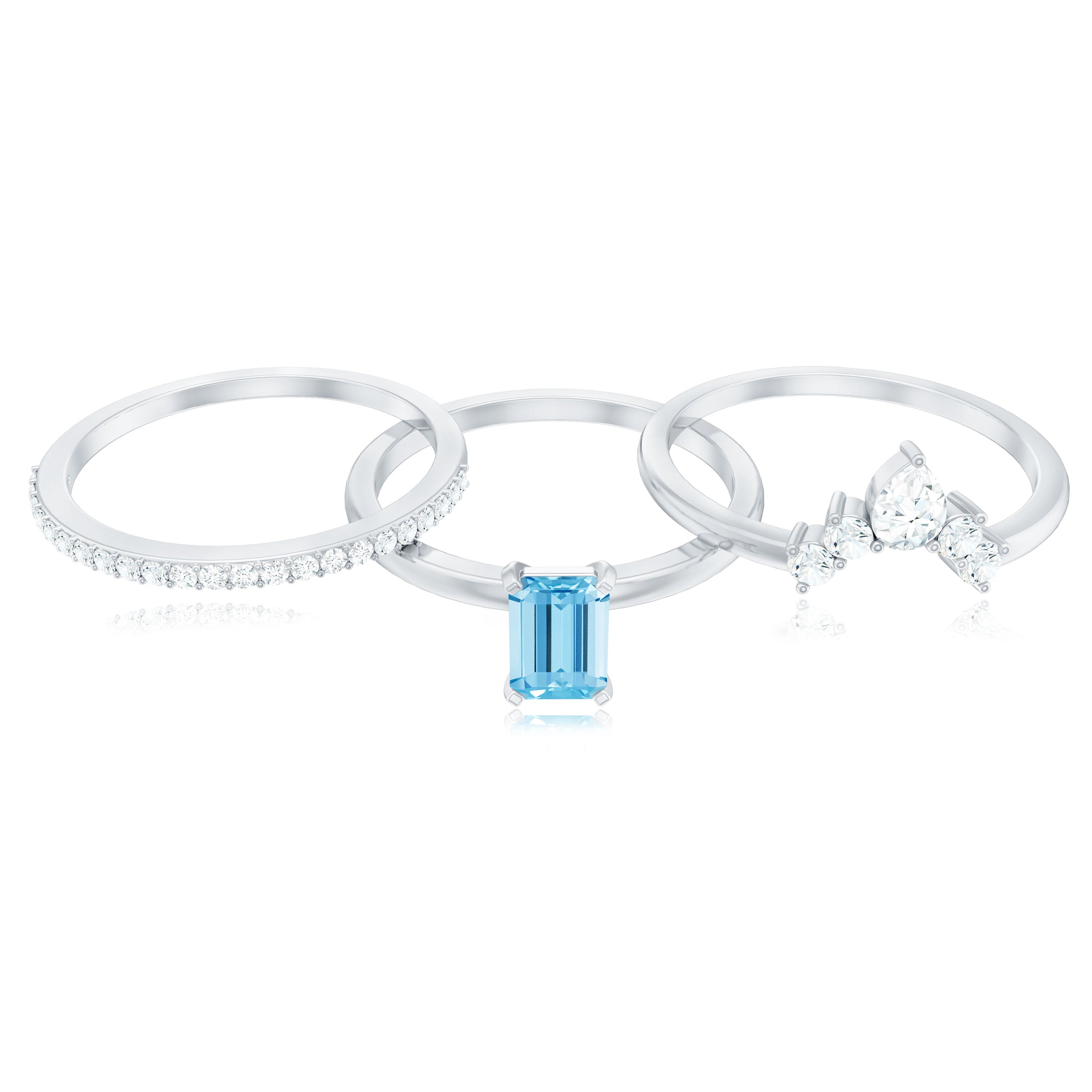 Octagon Aquamarine Solitaire Ring Set of 3 with Diamond