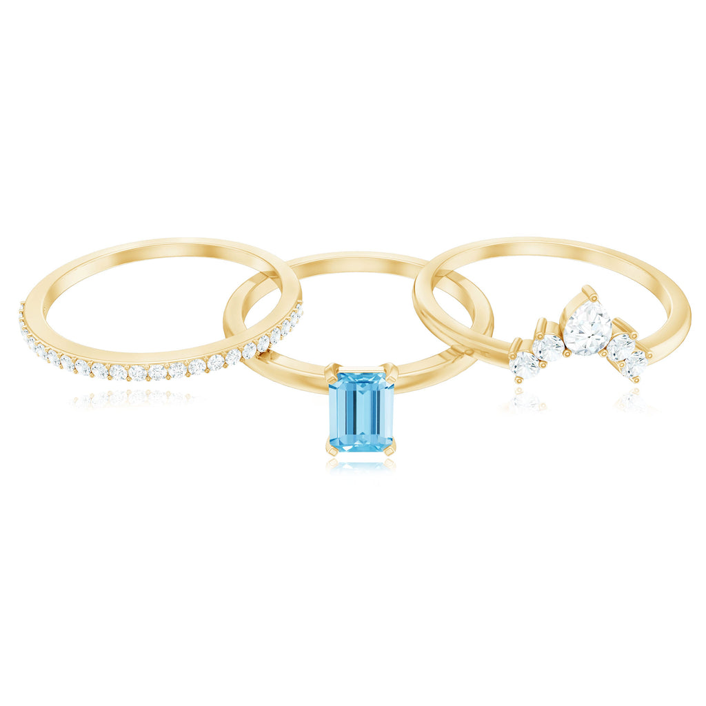 Octagon Aquamarine Solitaire Ring Set of 3 with Diamond