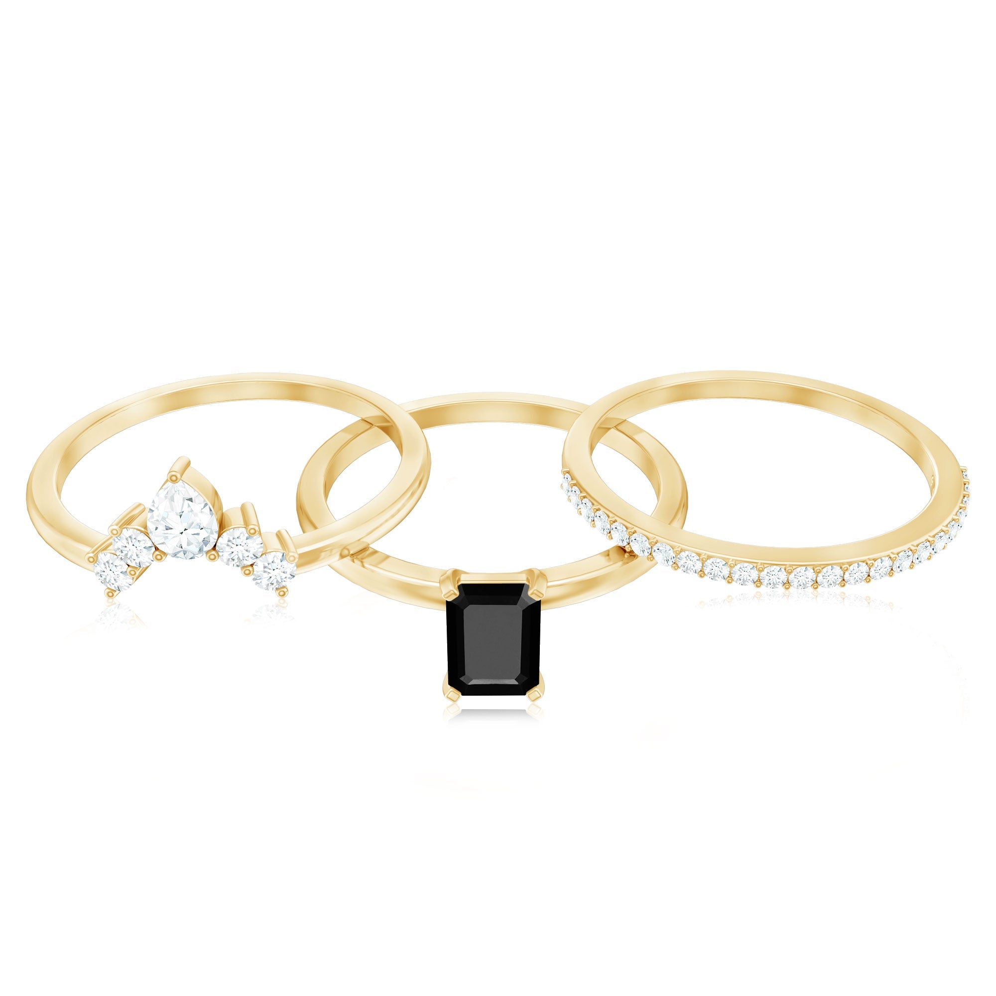 Emerald Cut Black Onyx and Moissanite Trio Wedding Ring Set
