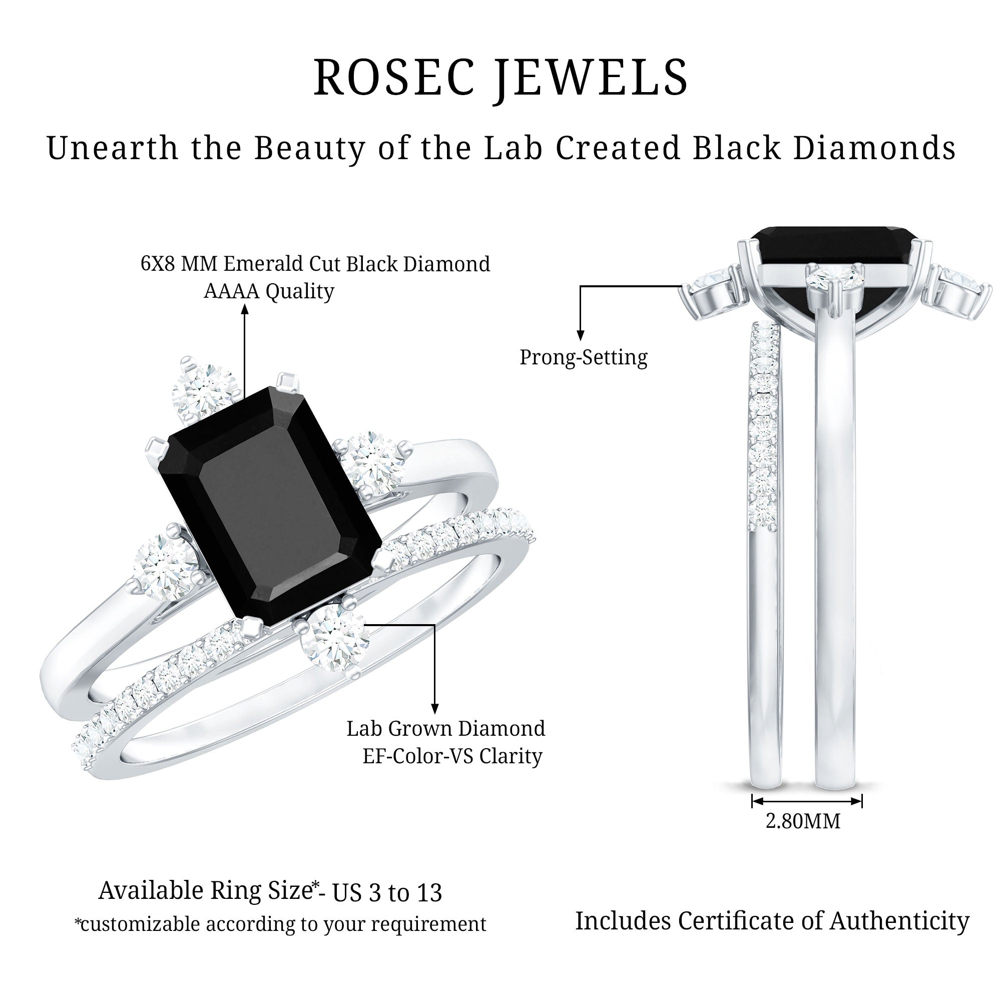 Certified Lab Grown Black and White Diamond Engagement Ring and Wedding Band Set